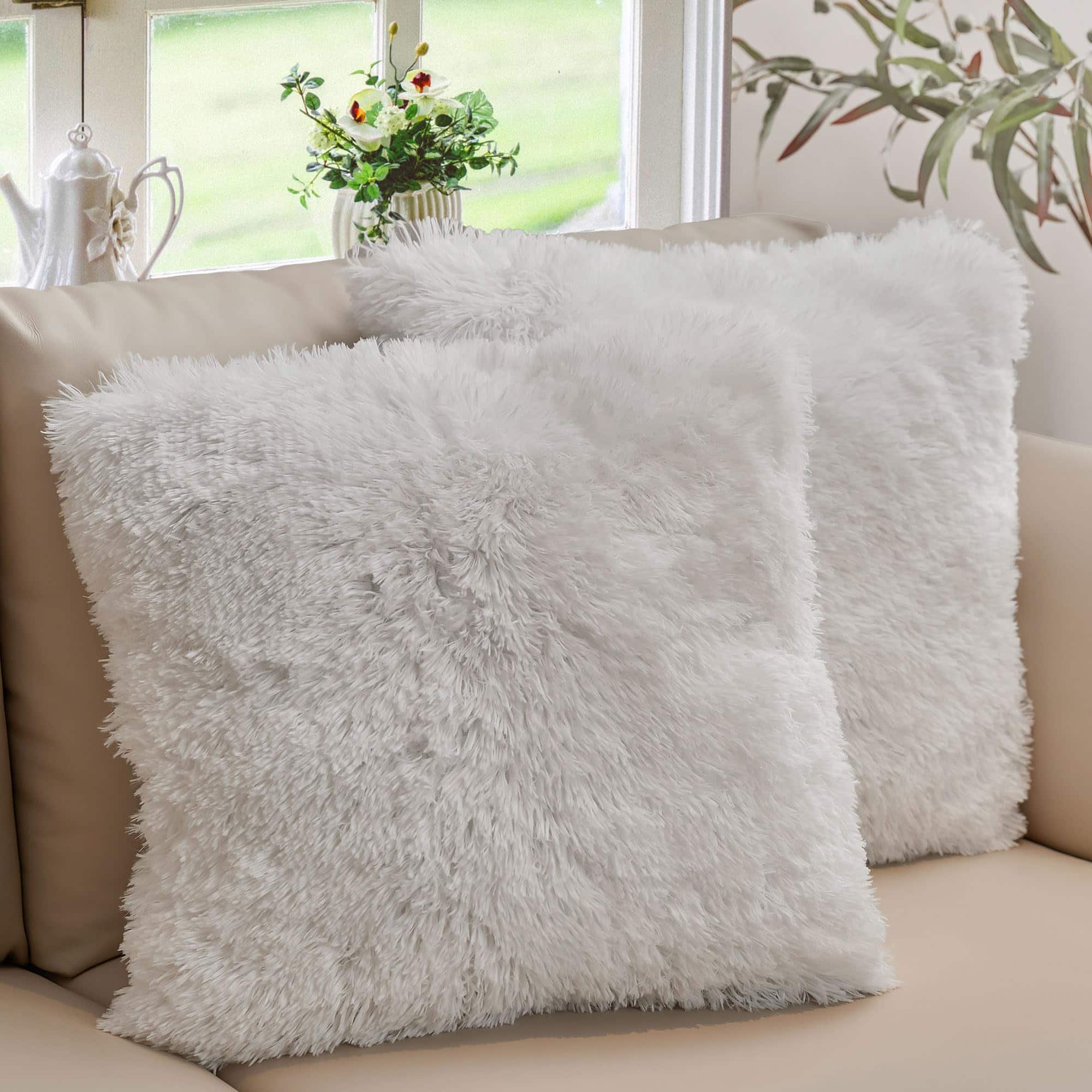 Cheer Collection - Plush Shaggy Long Hair Faux Fur Accent Throw Pillows with Inserts, 24 x 24-Inch, Set of 2 - White