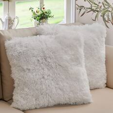 Front. Cheer Collection - Plush Shaggy Long Hair Faux Fur Accent Throw Pillows with Inserts, 18 x 18-Inch, Set of 2 - White - White.
