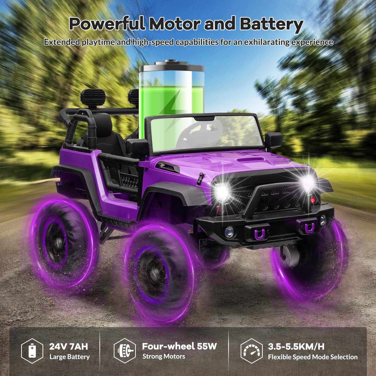 Powerful Motor and Battery  
Extended playtime and high-speed capabilities for an exhilarating experience  

24V 7AH Large Battery  
Four-wheel 55W Strong Motors  
3.5-5.5KM/H Flexible Speed Mode Selection