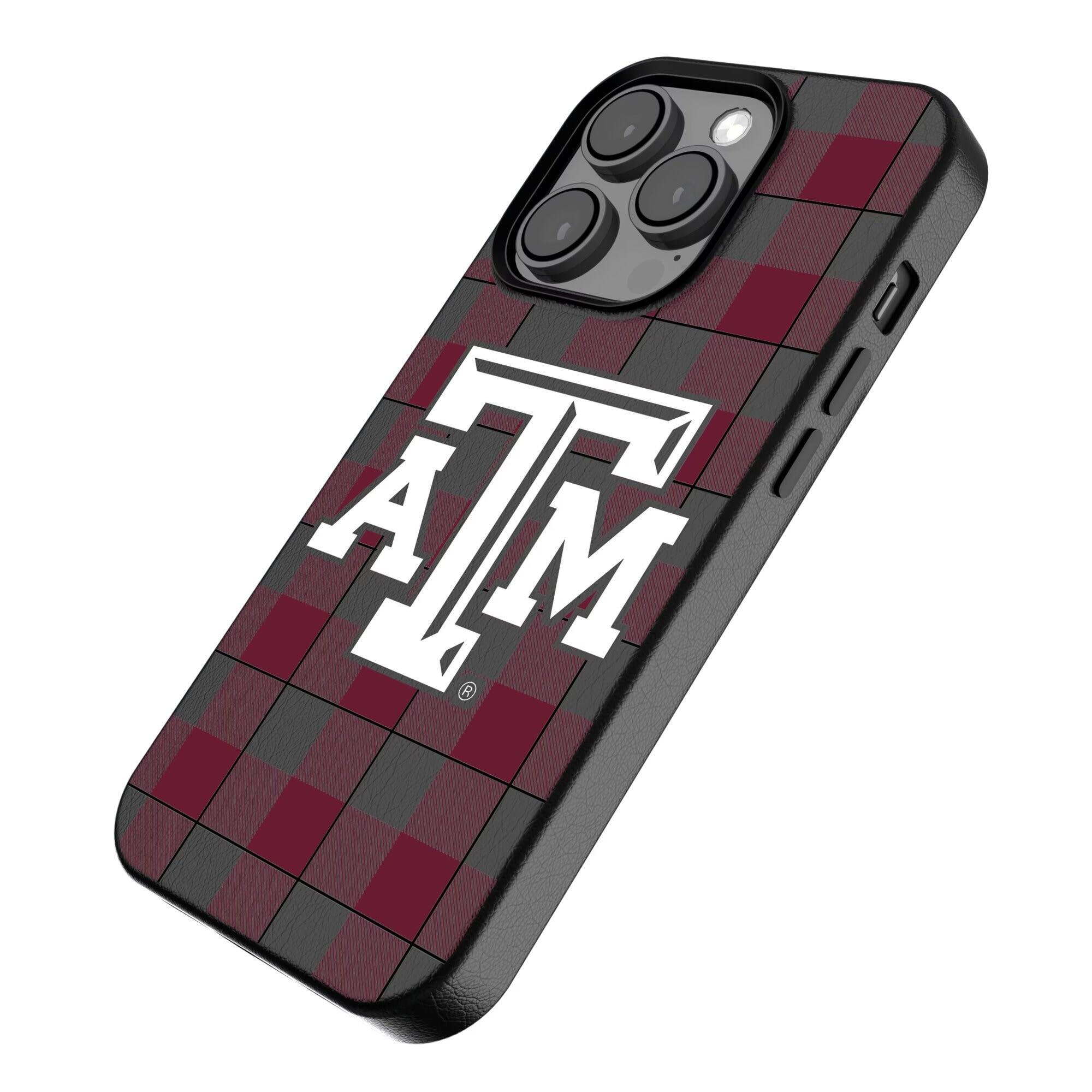 Alt View 1. Keyscaper - Texas A&M Aggies Plaid Magnetic Bump iPhone Case - 14 Pro - Black.