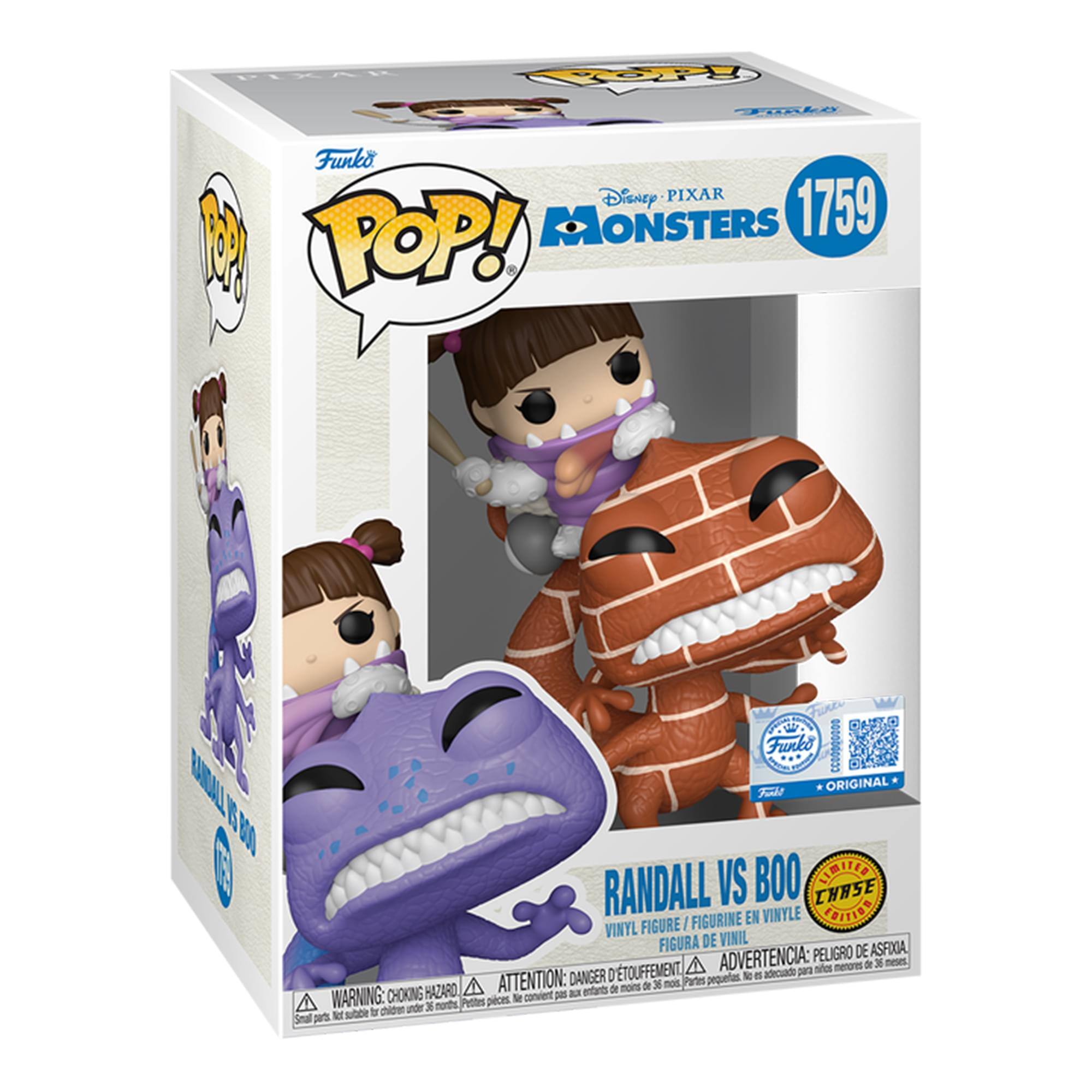 PIXAR  
POP! Funko  
Funko Disney PIXAR MONSTERS 1759 PACK POP!  
Funko LIABIAR 100 Fisht ORIGINAL RANDALL VS BOO CHASE FIGURE | FIGURINE EN VINYLE EDITION VINYL VINIL FIGURA DE ASFIXIA, ADVERTENCIA: PELIGRO DE DE 36 meses. D'TOUFFEMENT adecuado para nios menores DANGER pequeas.  CHOKING HAZARD, ATTENTION: pas an entants de moins de 36 mois, Partes WARNING: pieces. Ne convient 36 norts, Petites subble to nstrido Small parts.