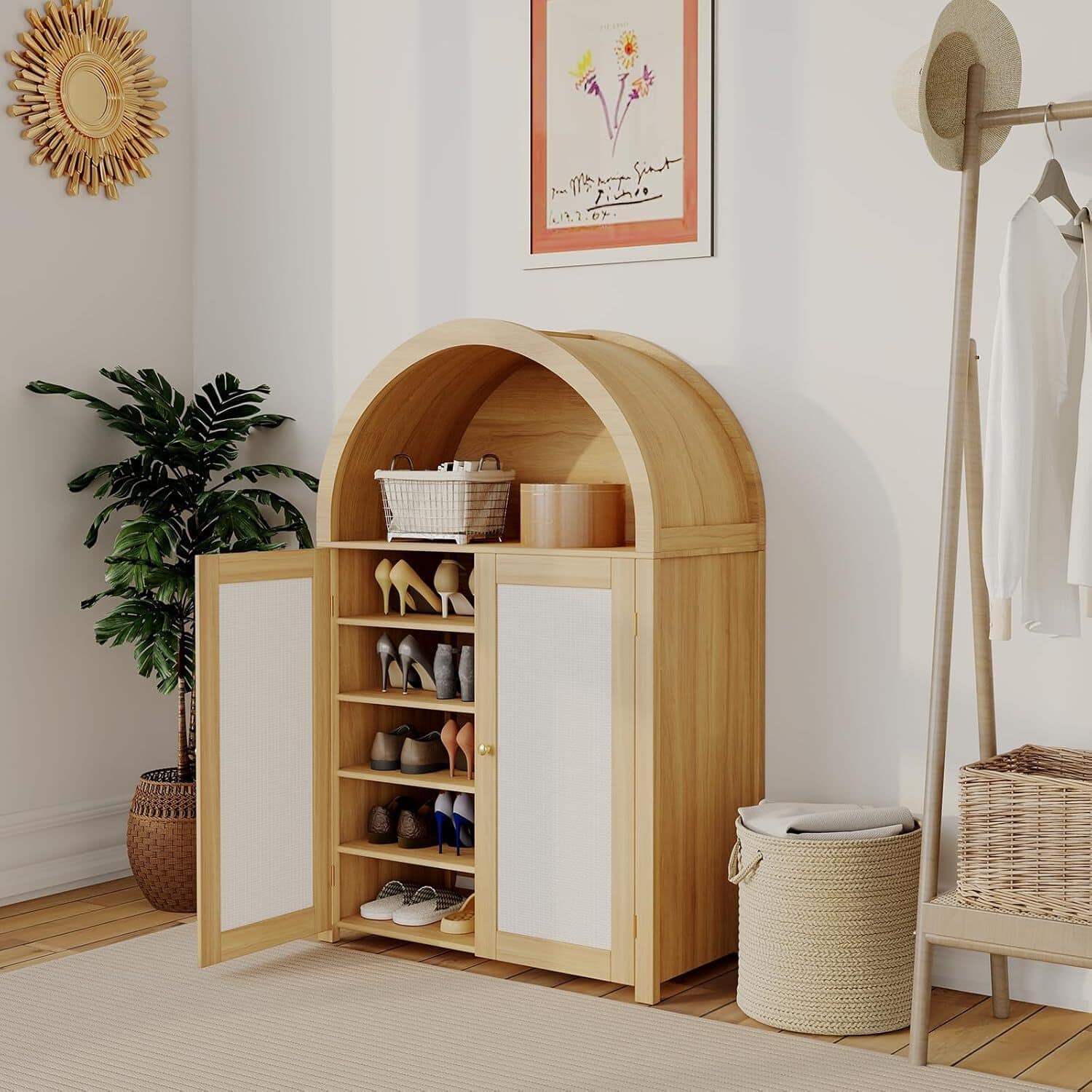 GARVEE - 47in Modern Arched Sideboard Buffet Cabinet with Storage, Freestanding Small Kitchen Pantry Cabinet with Rattan Doors - Brown