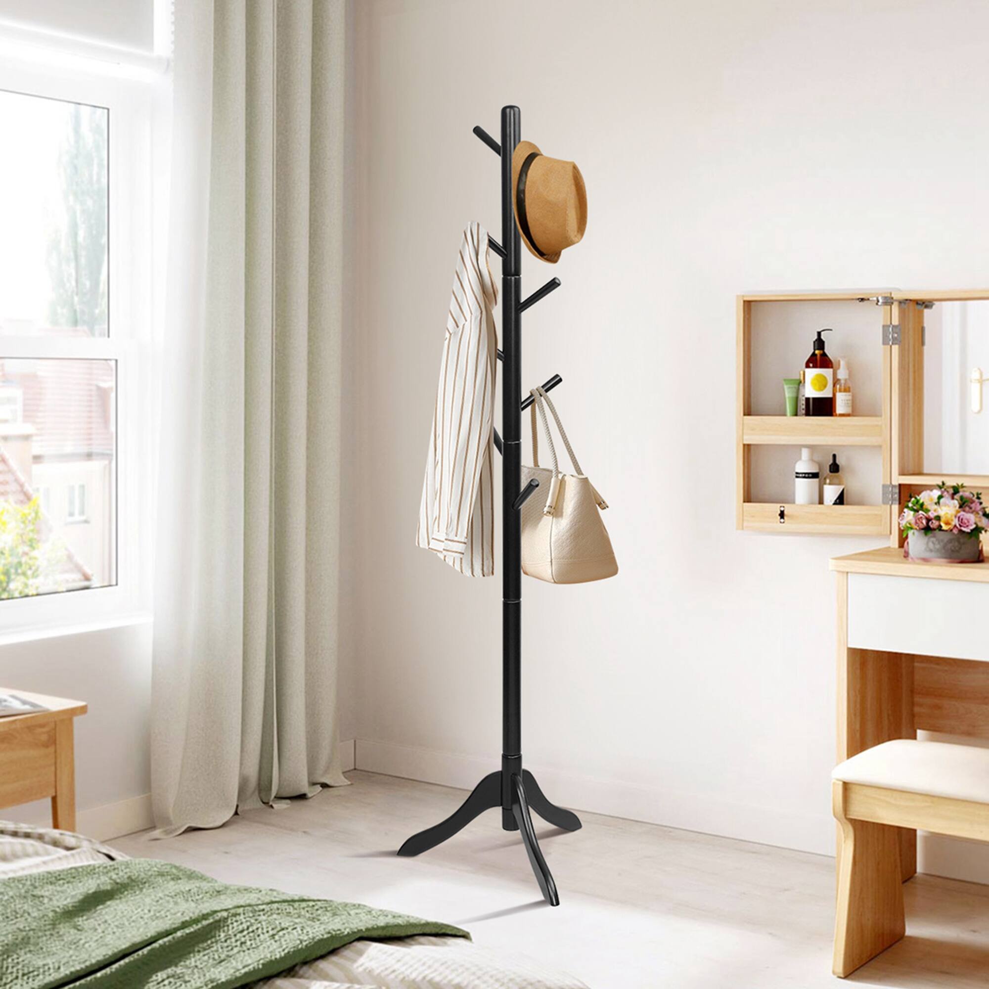Alt View 1. Costway - Costway Wooden Coat Rack Stand Entryway Hall Tree 2 Adjustable Height with 8 Hooks - Black.