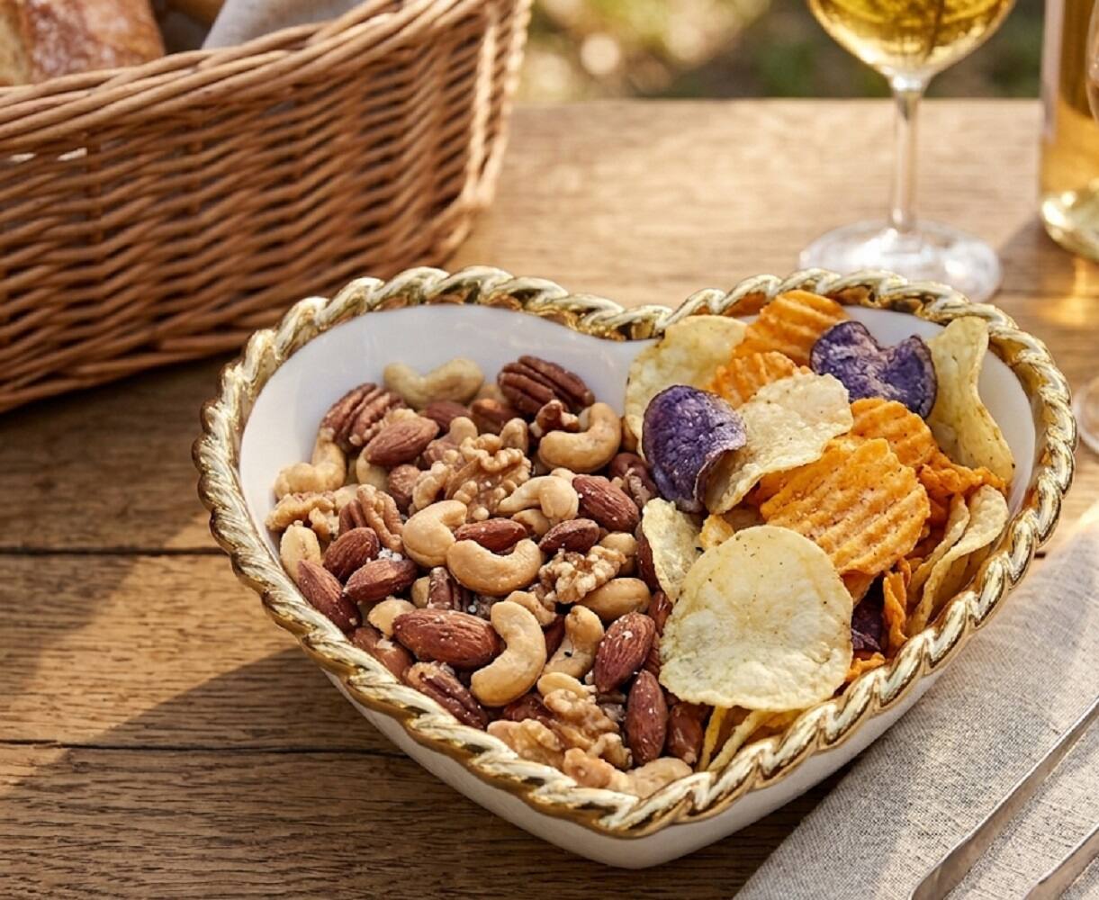 Back. Jiallo - 5.75" Luxury Heart-Shaped Porcelain Snack & Candy Bowl with Gold Trim - White & Gold.