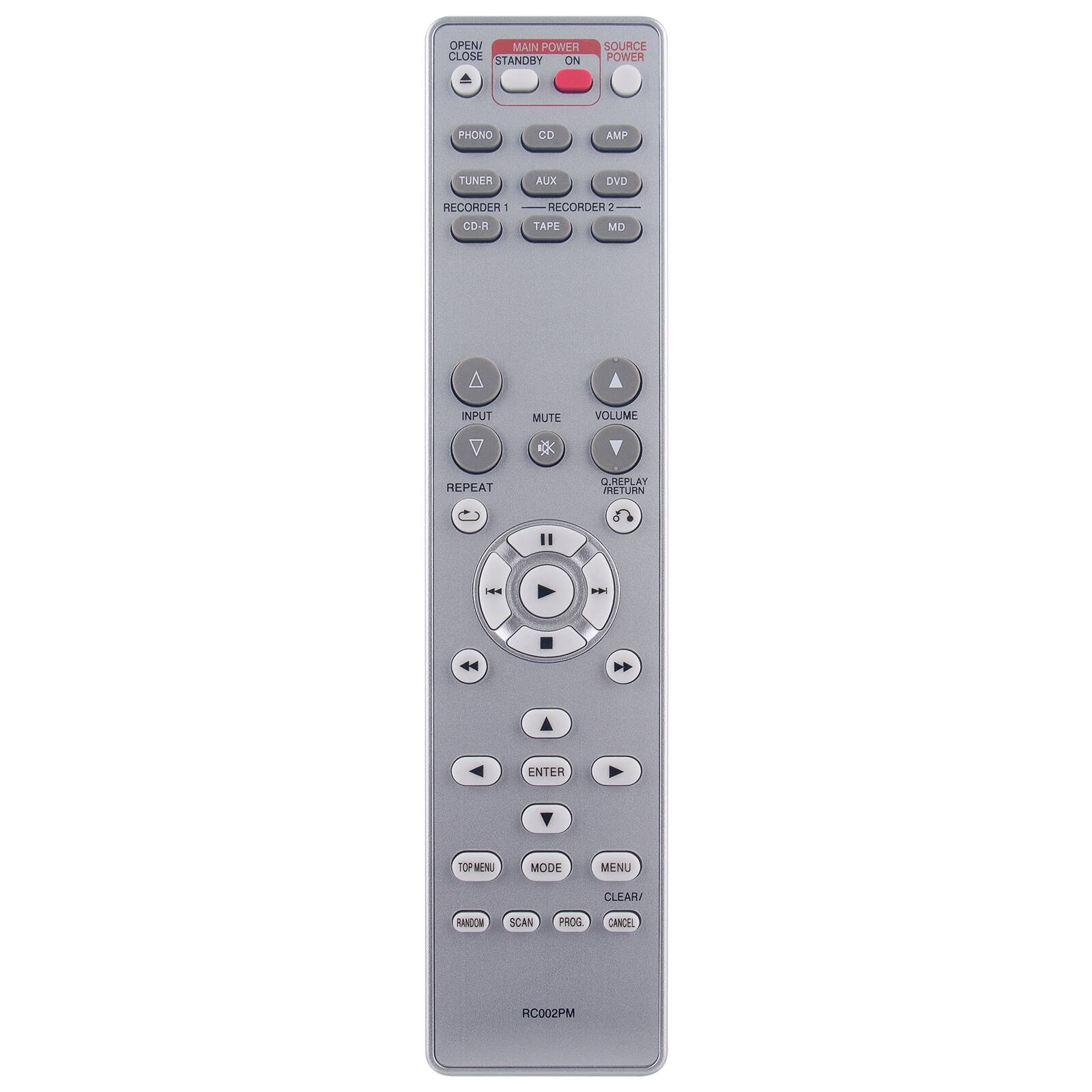 OPLN/ MAIN POWER CLOSE STANDBY ON SOURCE POWER PHONO CD AMP TUNER AUX DVD RECORDER 1 CD-R RECORDER 2 TAPE MD INPUT MUTE VOLUME * REPEAT A REPLAY RETURN -. ENTER TOP MENU MODE MENU CLEAR/ AANCOM SGAN PROG CANCEL HC002PM