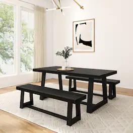 Plank+Beam - Classic Solid Wood Dining Table Set with 2 Benches - Black Wirebrush