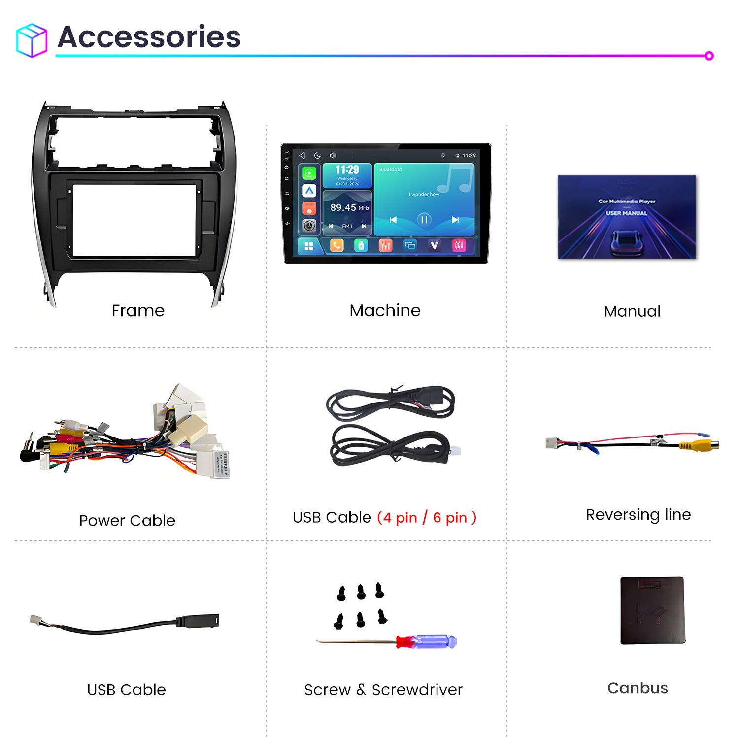 Accessories

Frame

Machine

Manual

Power Cable

USB Cable (4 pin / 6 pin)

Reversing line

USB Cable

Screw & Screwdriver

Canbus