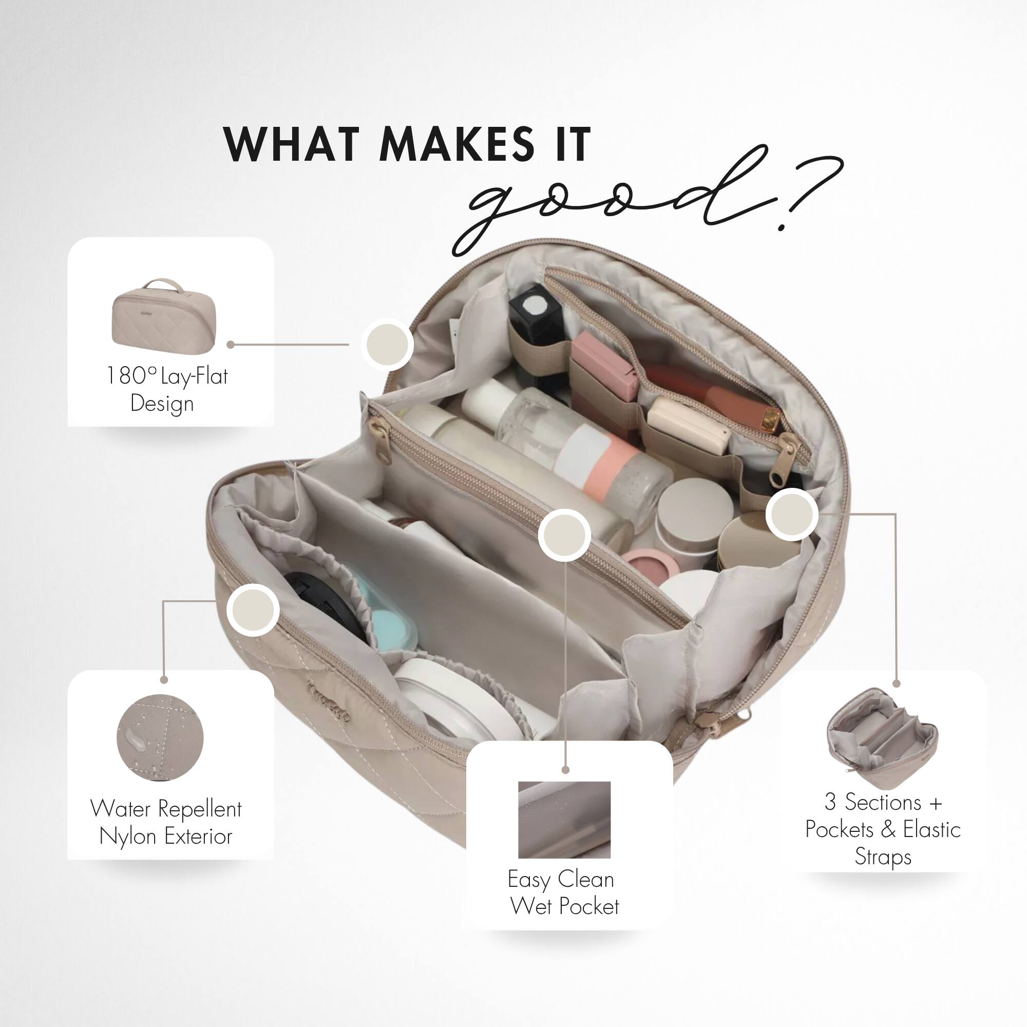 WHAT MAKES IT GOOD?
- 180° Lay-Flat Design
- Water Repellent Nylon Exterior
- Easy Clean Wet Pocket
- 3 Sections + Pockets & Elastic Straps