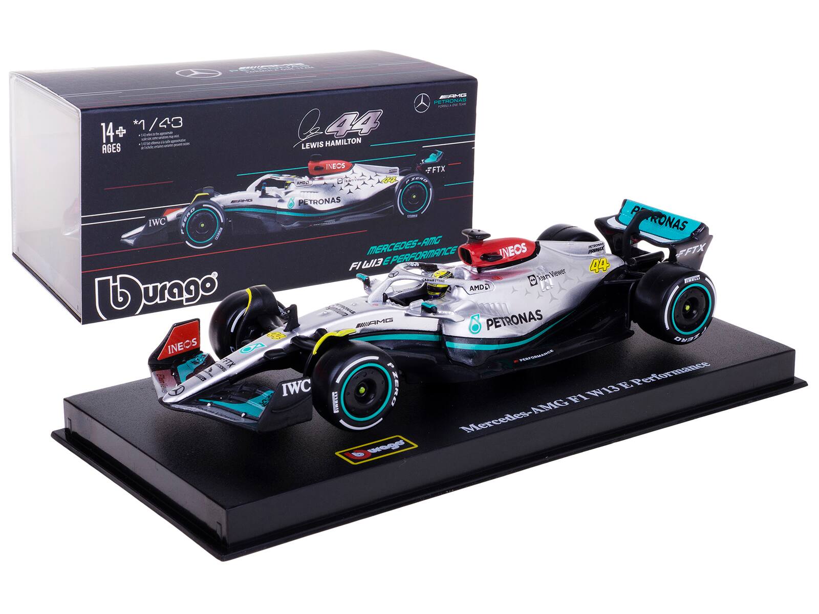 1/43  
14+ AGES  

44  
LEWIS HAMILTON  

INEOS  
PETRONAS  
FFTX  
IWC  
AMG  
Mercedes-AMG F1 W13 E PERFORMANCE  

b durago  

Mercedes-AMG F1 W13 E PERFORMANCE