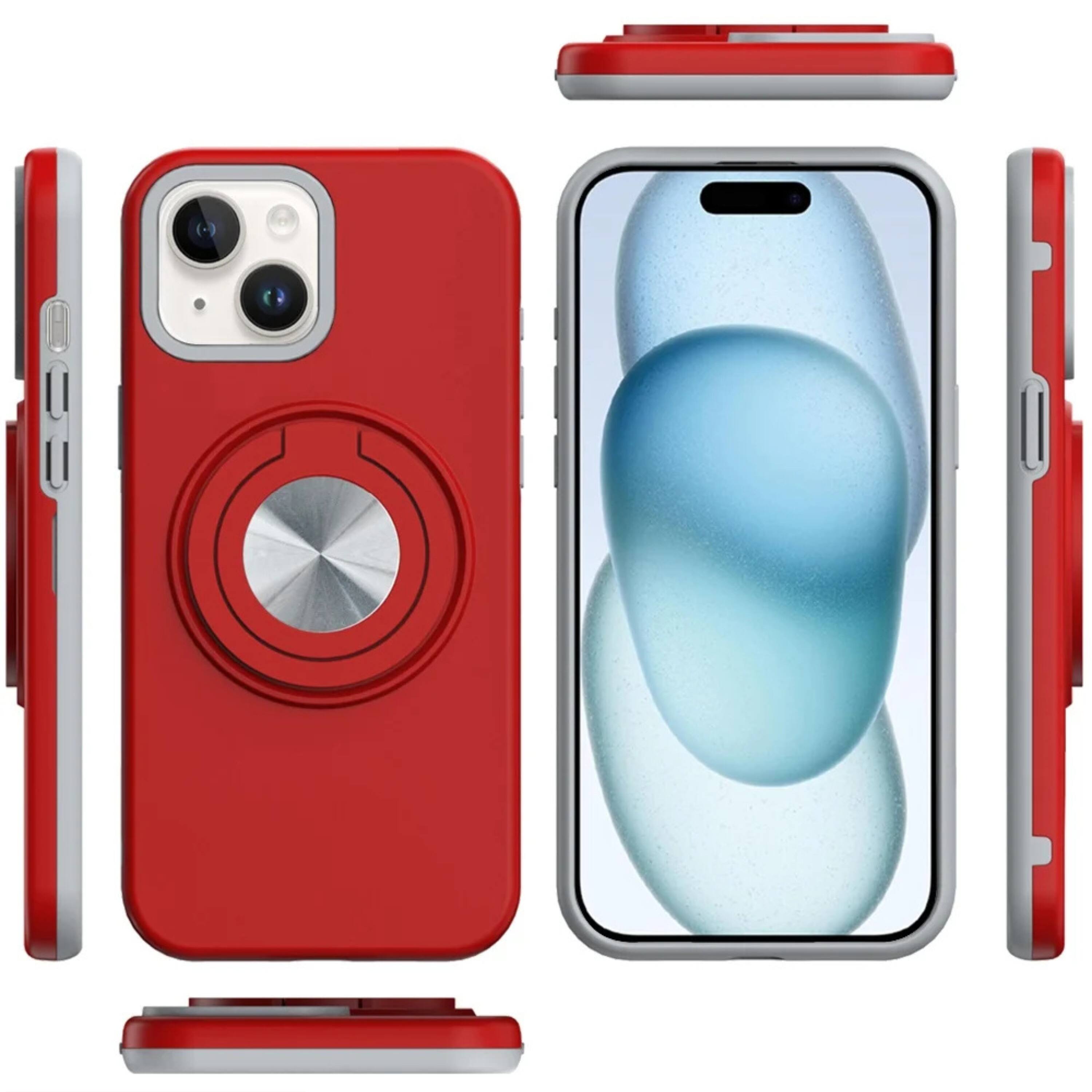 Angle. Kitcheniva - Solid Rugged Shockproof Phone Case With Stand And 2 Pcs Tempered Glass For iPhone 15 Plus Red - Red.