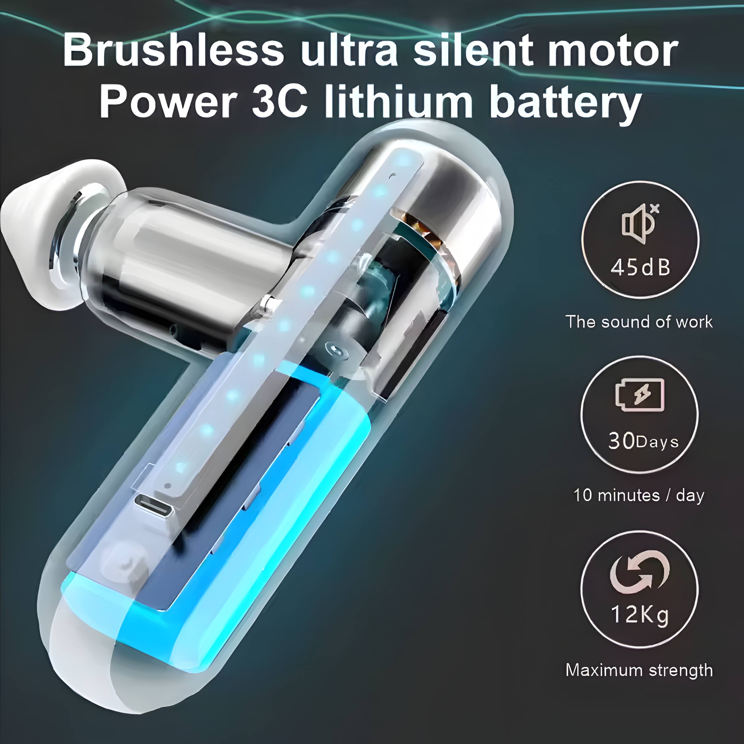 Brushless ultra silent motor  
Power 3C lithium battery  
45dB  
The sound of work  
30Days  
10 minutes / day  
12Kg  
Maximum strength