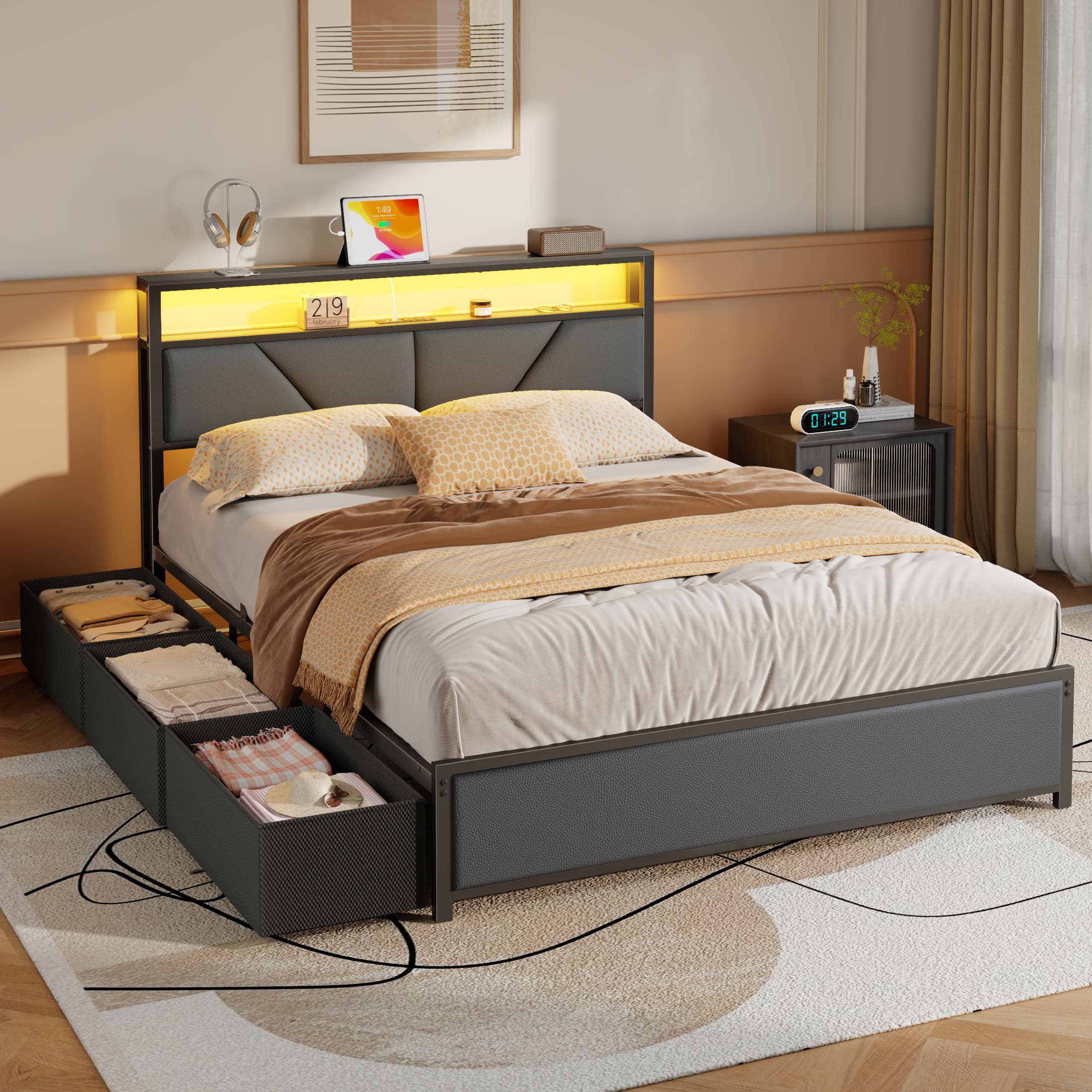 Furnulem - Platform Bed Frame with 6 Underbed Drawers and Open Storage Headboard and Charging Station - Black