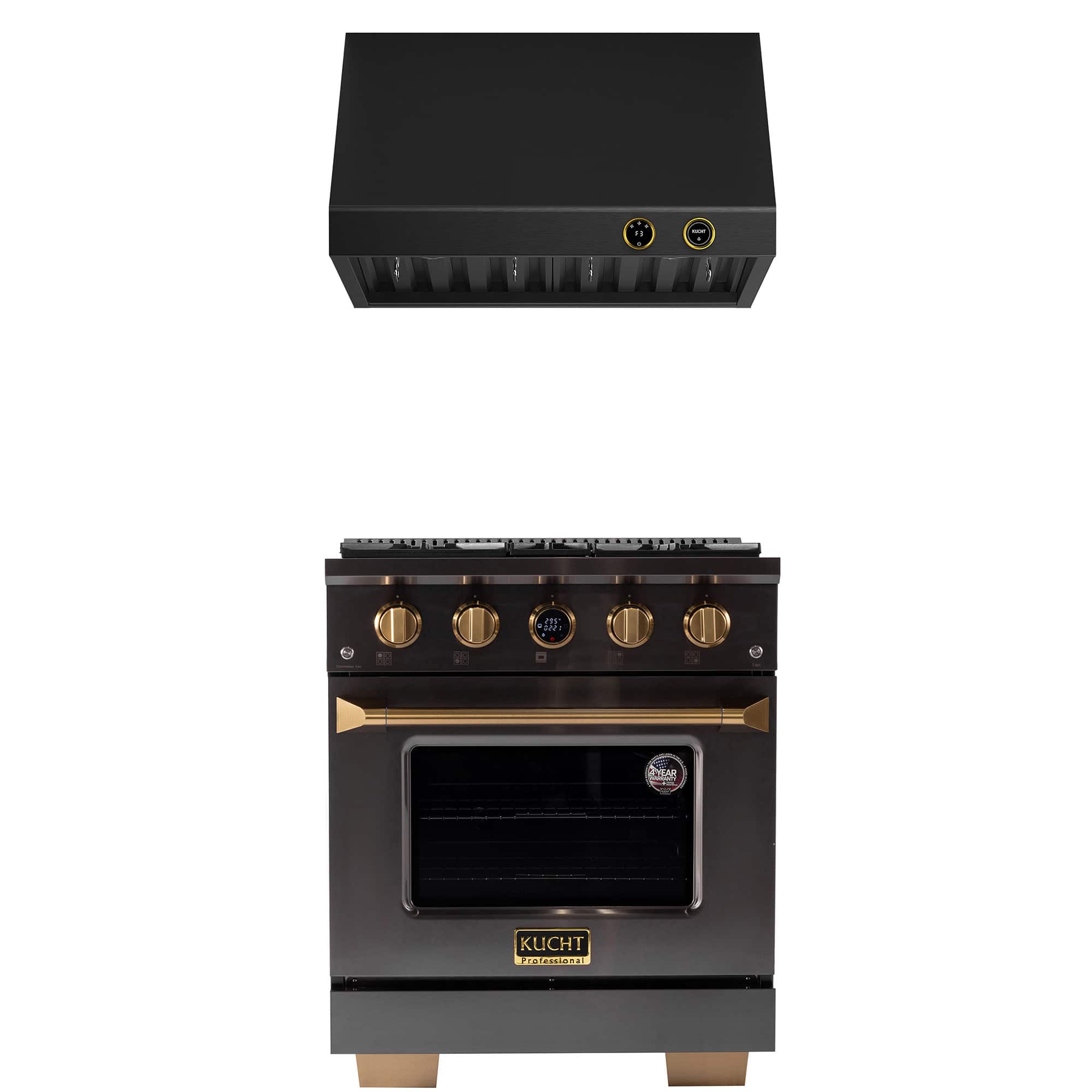Kucht - 30 in. 4.2 cu. ft. 4 Burners Dual Fuel Range for Natural Gas in Titanium Stainless Steel + Under Cabinet Range Hood - Gemstone with Gold accents