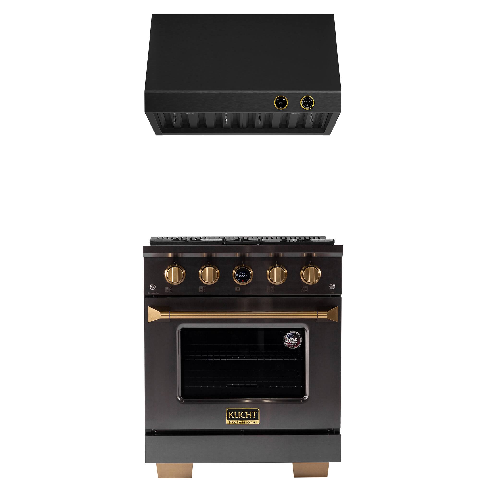 Kucht - 30 in. 4.2 cu. ft. 4 Burners Dual Fuel Range for Propane Gas in Titanium Stainless Steel + Under Cabinet Range Hood - Gemstone with Gold accents