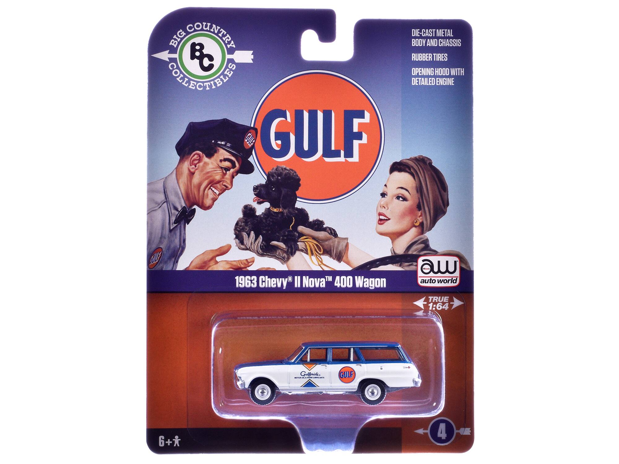 BIG COUNTRY BC COLLECTIBLES  
GULF  
DIE-CAST METAL BODY AND CHASSIS  
RUBBER TIRES  
OPENING HOOD WITH DETAILED ENGINE  
1963 Chevy II Nova 400 Wagon  
auto world  
TRUE 1:64  
Gina  
6+