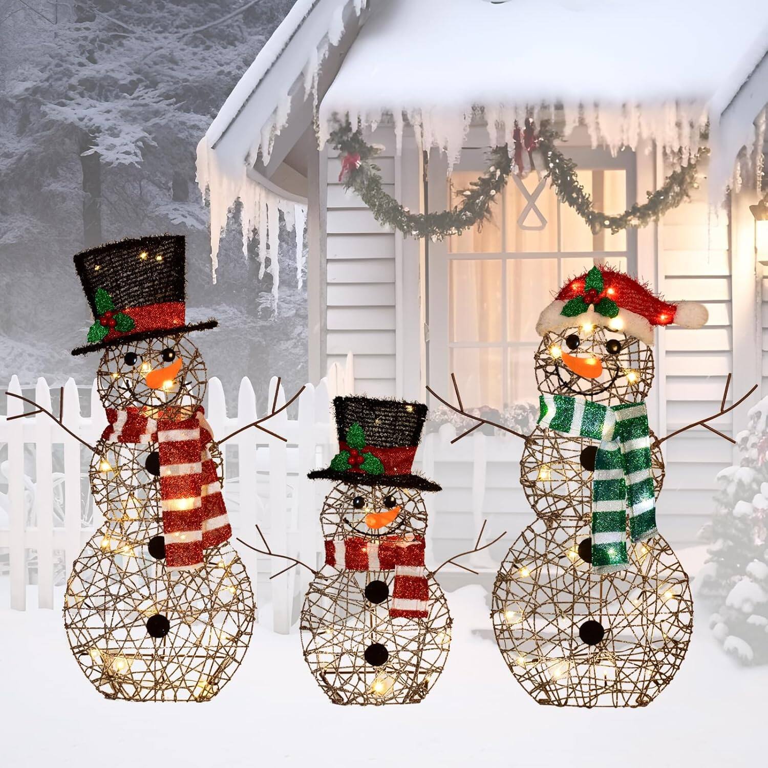 Alt View 7. Wikistore - WIKISTORE 3-Piece 2D Lighted Christmas Rattan Snowman Family Set 80 LED Outdoor Yard Decoration.