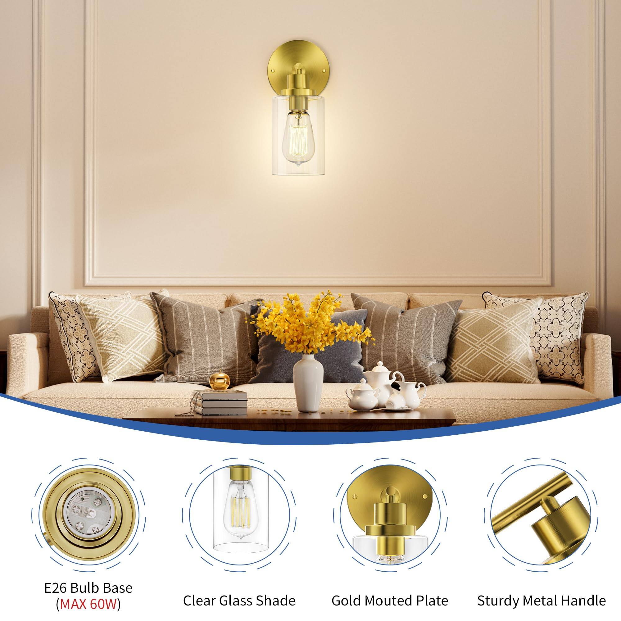 E26 Bulb Base (MAX 60W)  
Clear Glass Shade  
Gold Mounted Plate  
Sturdy Metal Handle