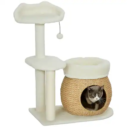 Front. Pawhut - 31" Cat Tree Tower for Indoor Cats, with Sisal Scratching Posts, Condo, Beds, Platform, Toy Ball, Activity Center - Cream White.