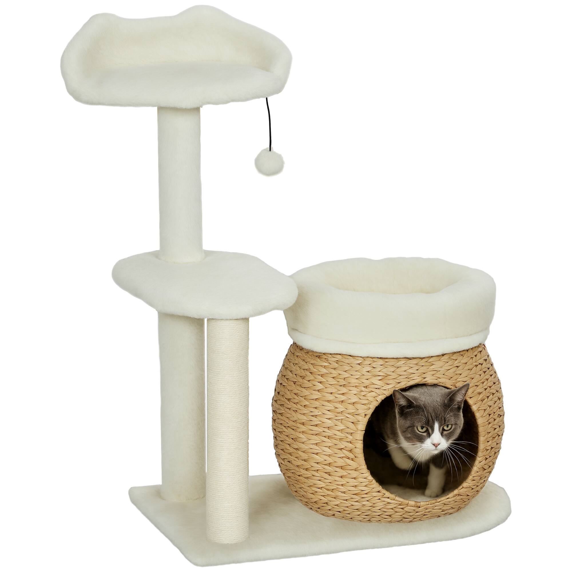 Front. Pawhut - 31" Cat Tree Tower for Indoor Cats, with Sisal Scratching Posts, Condo, Beds, Platform, Toy Ball, Activity Center - Cream White.