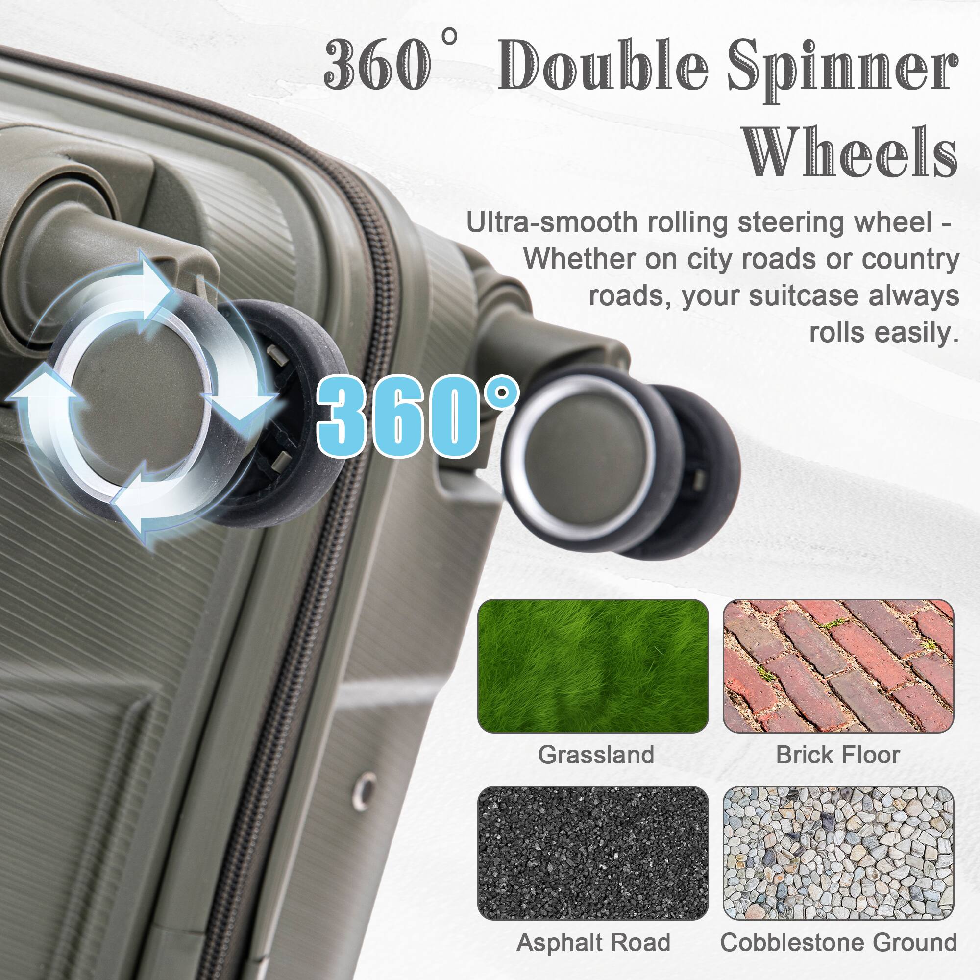 360 Double Spinner Wheels Ultra-smooth rolling steering wheel - Whether on city roads or country roads, your suitcase always rolls easily. 360

Grassland
Brick Floor
Asphalt Road
Cobblestone Ground