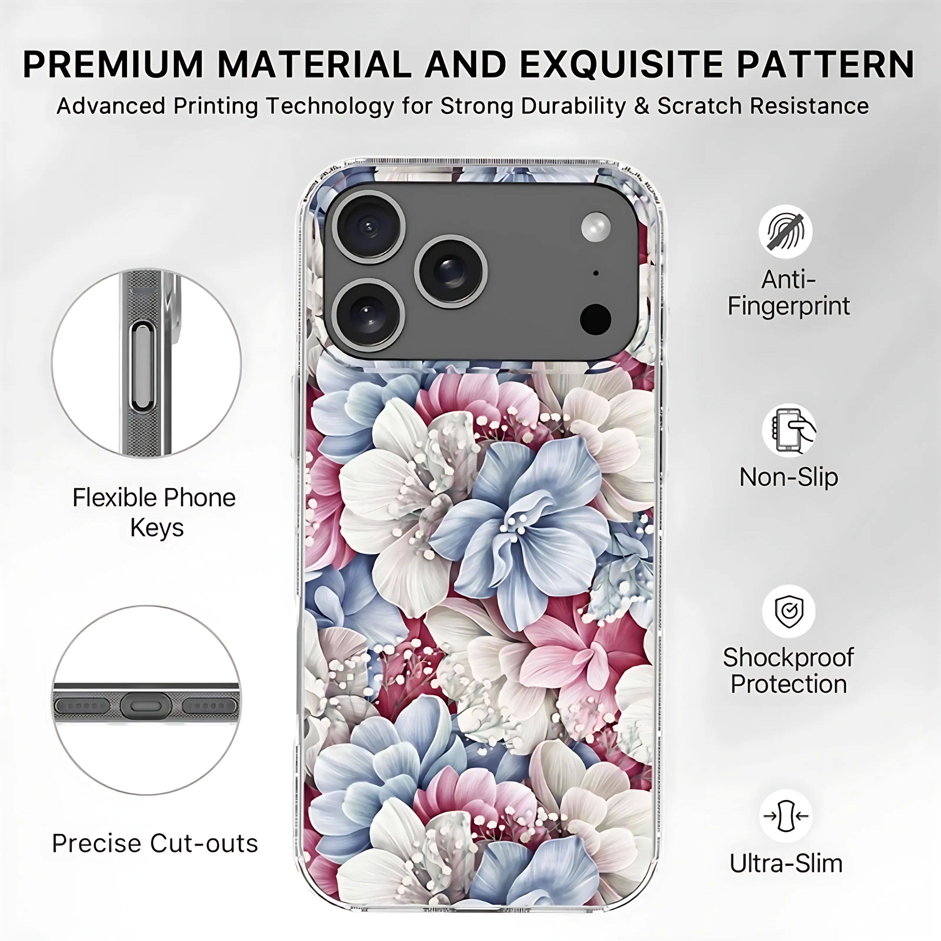 PREMIUM MATERIAL AND EXQUISITE PATTERN  
Advanced Printing Technology for Strong Durability & Scratch Resistance  

- Flexible Phone Keys  
- Precise Cut-outs  
- Anti-Fingerprint  
- Non-Slip  
- Shockproof Protection  
- Ultra-Slim