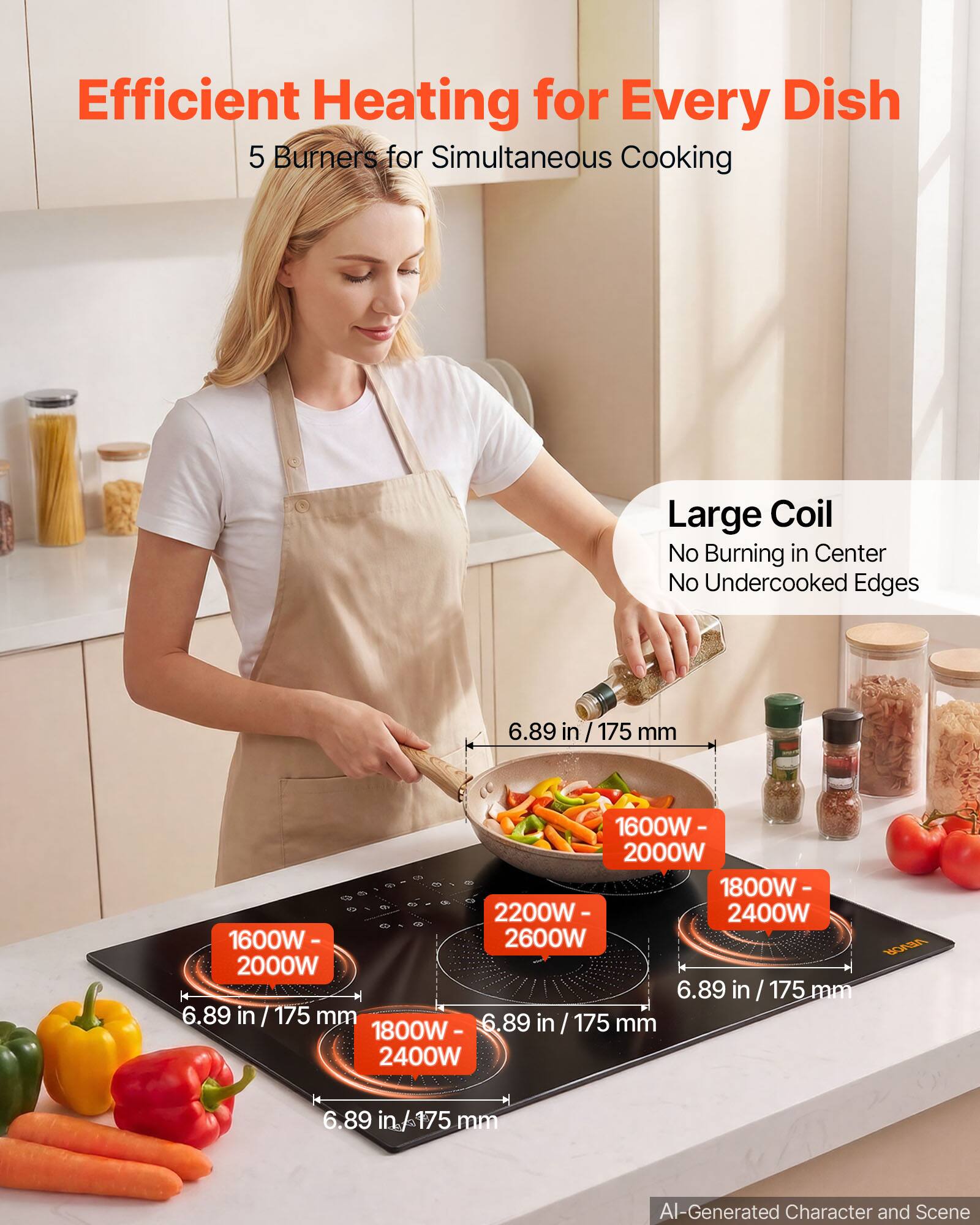 Efficient Heating for Every Dish  
5 Burners for Simultaneous Cooking  

Large Coil  
No Burning in Center  
No Undercooked Edges  

6.89 in / 175 mm  

1600W - 2000W  
1800W - 2400W  
1600W - 2600W  
2000W  
2200W - 2600W  

VEVOR  

AI-Generated Character and Scene