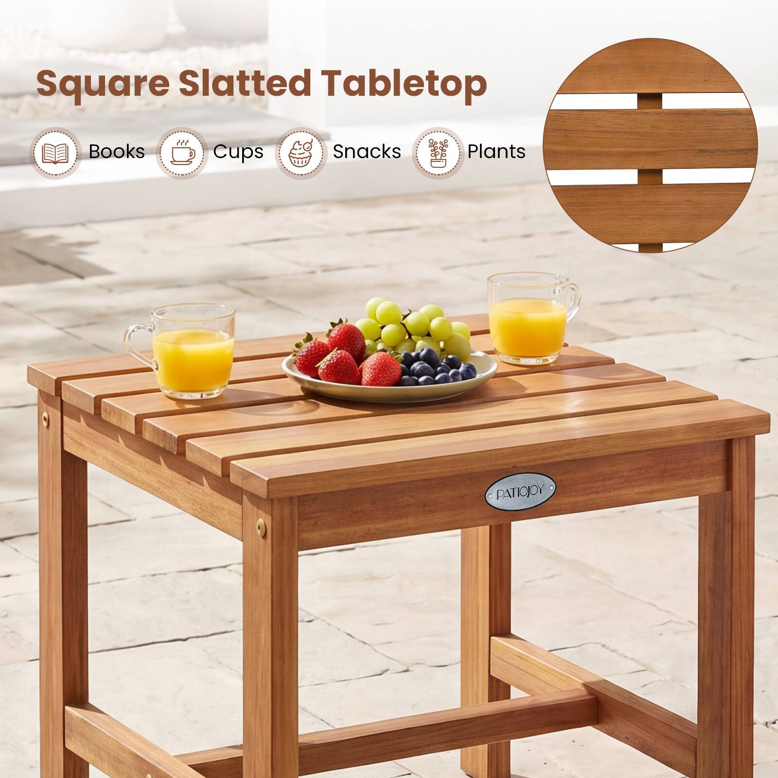 Square Slatted Tabletop  
Books  
Cups  
Snacks  
Plants  
PATIOJOY
