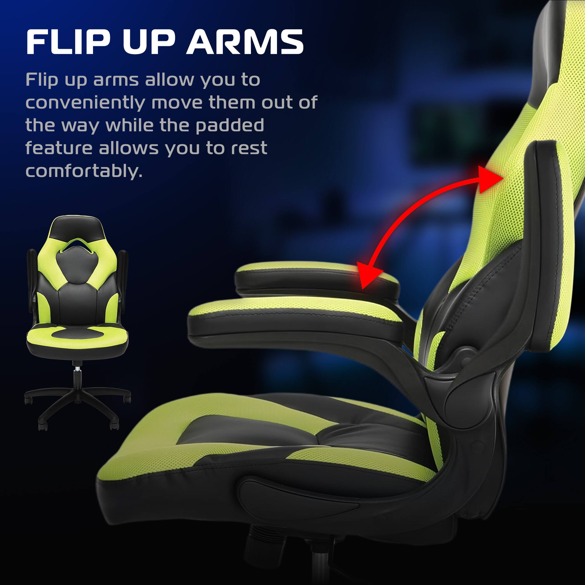 FLIP UP ARMS

Flip up arms allow you to conveniently move them out of the way while the padded feature allows you to rest comfortably.