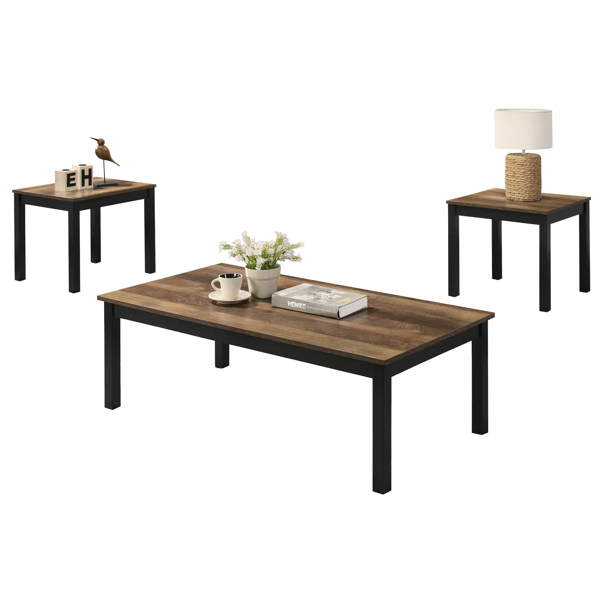Vaczon - Coffee Table Set of 3, Industrial Coffee Table with 2 Square End Side Tables for Apartment Home Office - Brown