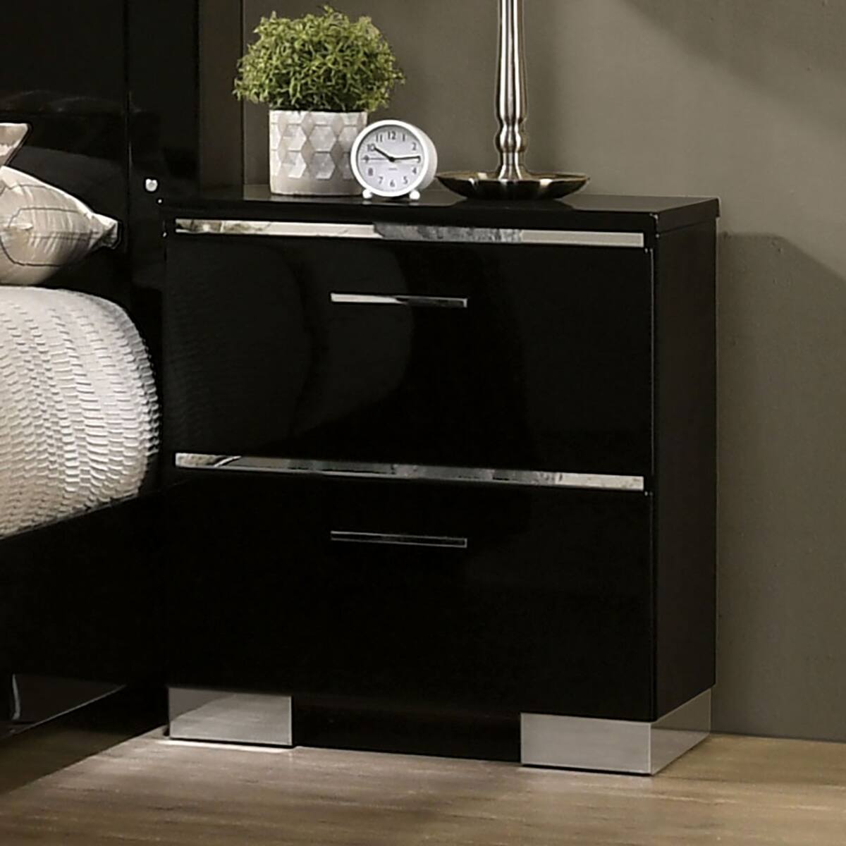 Front. Loheer - Loheer Black Nightstand with USB Charger, High Gloss Lacquer, Two Drawers, Chrome Feet - Black.