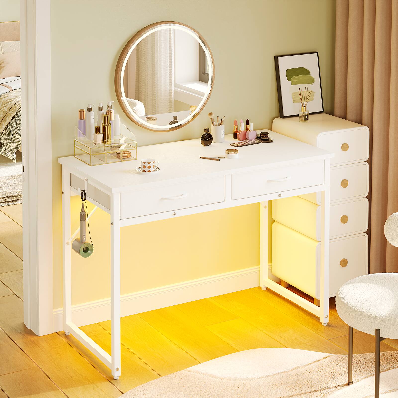 Angle. Pinmoco - Pinmoco 32"/42" Small Computer Desk with RGB LED Lights & 2 Fabric Drawers, Modern Dorm Study Desk for Small Spaces - 42" White.