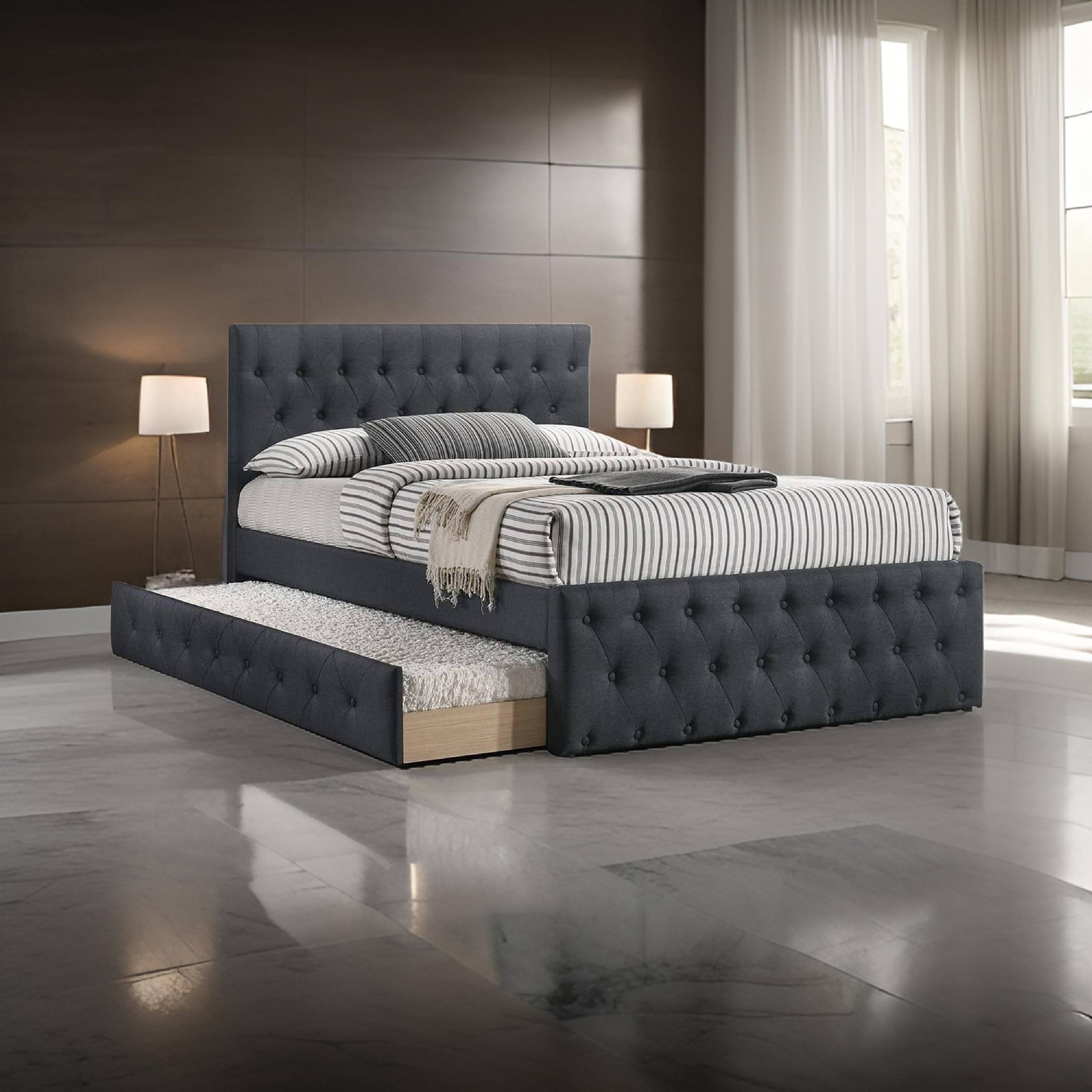 Alt View 5. Manhattan Lane - Nek Full Size Upholstered Bed with Twin Trundle, Tufted Charcoal Burlap - Charcoal Gray.