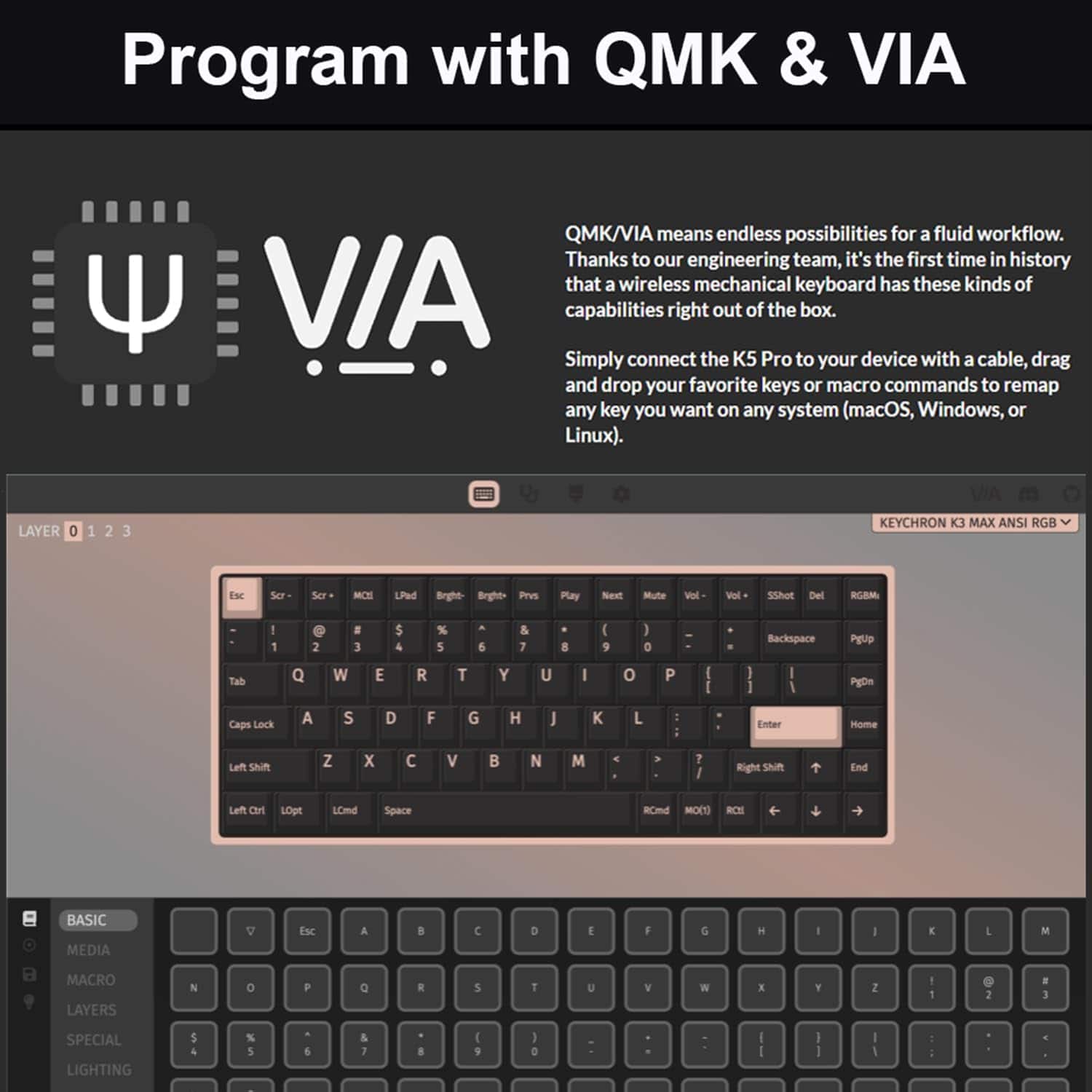 Program with QMK & VIA means endless possibilities for a fluid workflow. Thanks to our engineering team, it's the first time in history that a wireless mechanical keyboard has these kinds of capabilities right out of the box. Simply connect the K5 Pro to your device with a cable, drag and drop your favorite keys or macro commands to remap any key you want on any system (macOS, Windows, or Linux). LAYER 0 1 2 3 KEYCHRON MAX ANSI RGB Esc Sor Ser MCH LPMd Bgghe Brght Prus Play Neat Mute Vl Vol SShot Del RGRM 2 5 4 % 5 6 & 7 . 9 I 0 Backspace Pgup Tab Q W E R T Y U I o P PgDe Caps Lock A S D F G H J K L Enter Home Lett SAiR Z X V B N M 7 I Right Shift End Left Ctrl Loped Space 8Cnd MODO BCE BASIC MEDIA Esc A C D E G - M MACRO LAYERS N 0 P a R 5 T U V W Y 2 3 SPECIAL LIGHTING 5 % 5 8 ( ) 0 I I