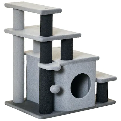 Front. Pawhut - Pet Stairs, Adjustable 3/4 Step, Cat Scratching Post, Condo, Toy Ball, Bed, Sofa Indoor Small Cats/Kittens - Gray.