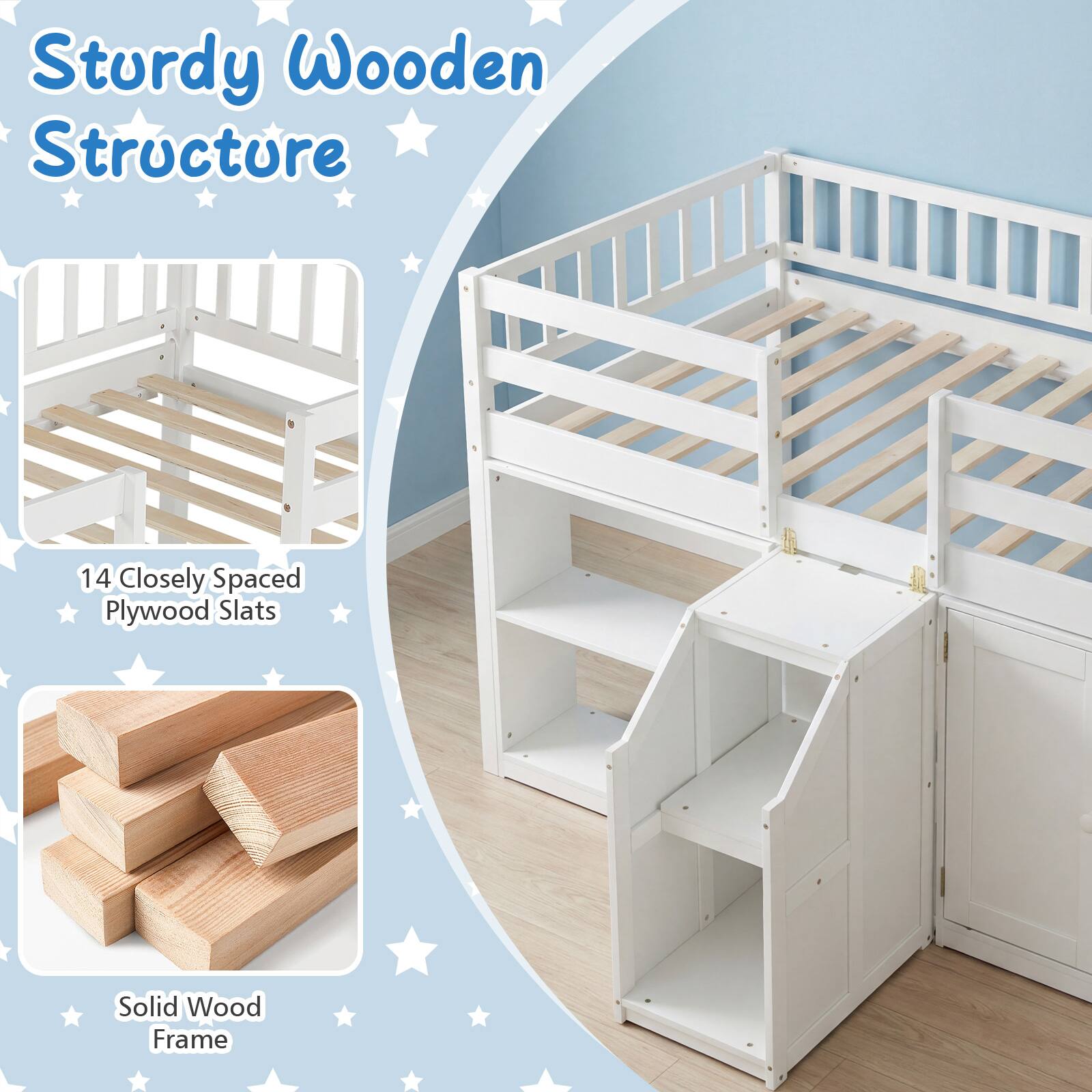 Sturdy Wooden Structure  
14 Closely Spaced Plywood Slats  
Solid Wood Frame