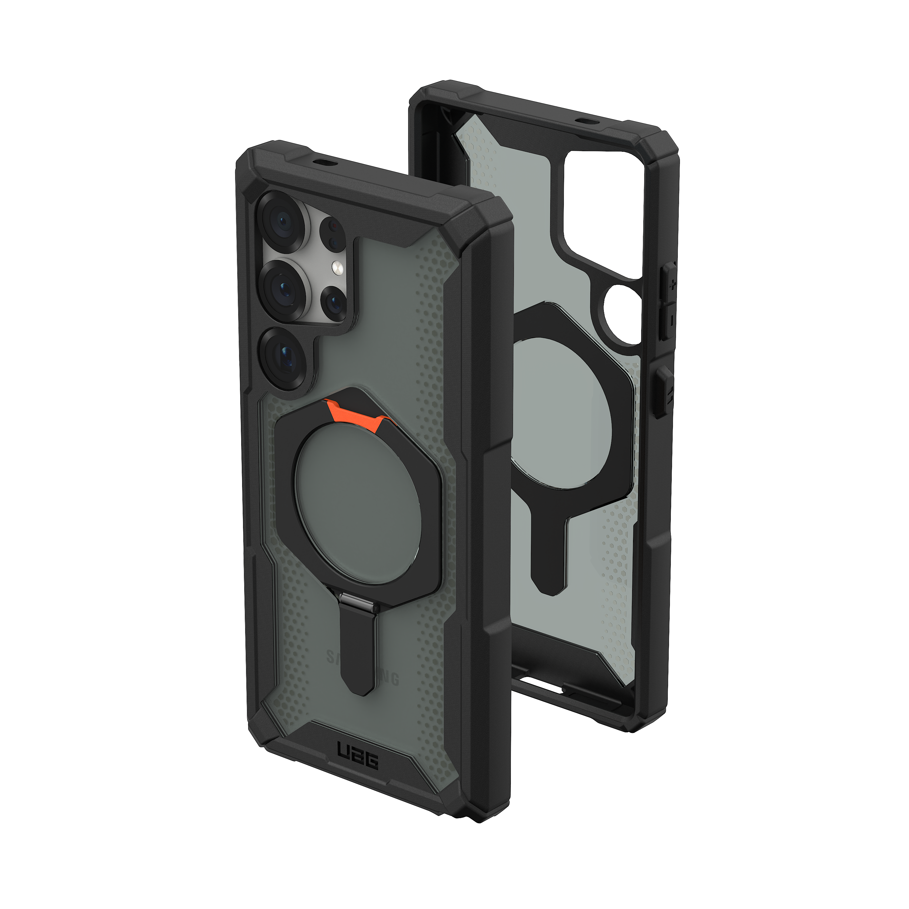 The image shows a black and gray cell phone case with a camera on the back. The case is designed to protect the phone and provide a secure grip. The case is made of durable materials and features a unique design that sets it apart from other phone cases. The case is displayed in two different positions, one with the phone facing up and the other with the phone facing down.