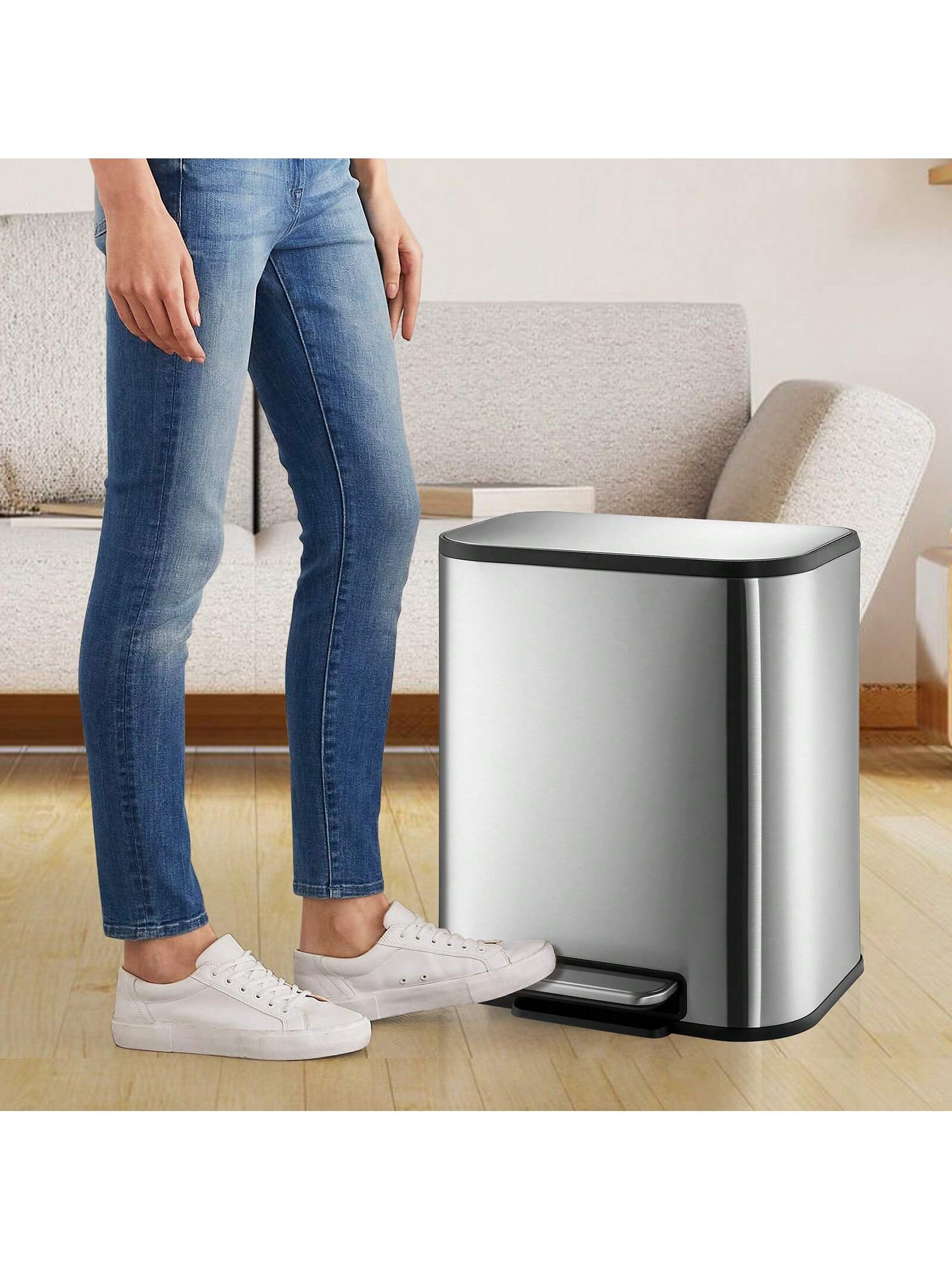 Angle. GARVEE - 20L Trash Can Stainless Steel Garbage Can With Lid Step On Pedal Bucket Rectangular Trash Can - Silver 20L.