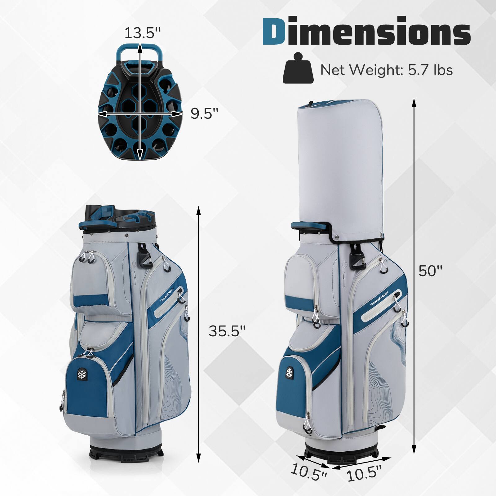 Dimensions  
Net Weight: 5.7 lbs  

13.5"  
9.5"  

50"  
35.5"  
10.5"  
10.5"