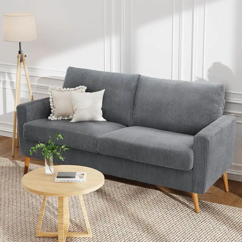 Dyonery - 68" Sofa Fabric Couch Comfy Loveseat with Spring Cushion Solid Wood Grey+corduroy - Gray