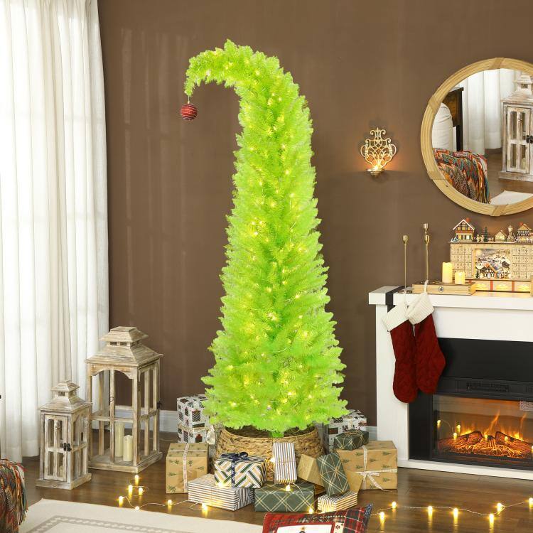Alt View 1. PULUZ - 7 ft Whimsical Christmas Tree, Pencil Xmas Tree with Red Ball, Metal Base, Prelit with 250 LED Lights - Green.