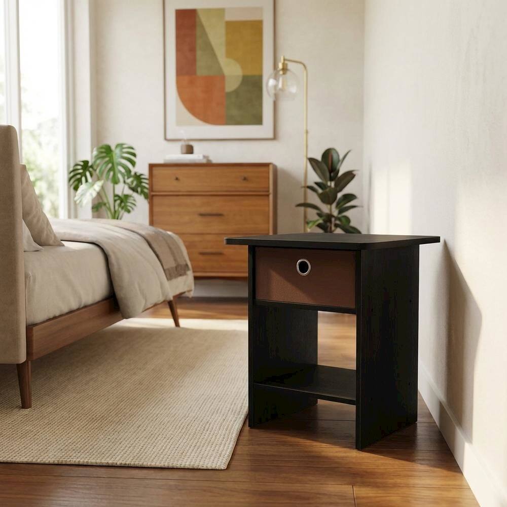 Left. FurniFact - Medium brown wood nightstand with storage shelf and bin drawer - Americano/Medium Brown.