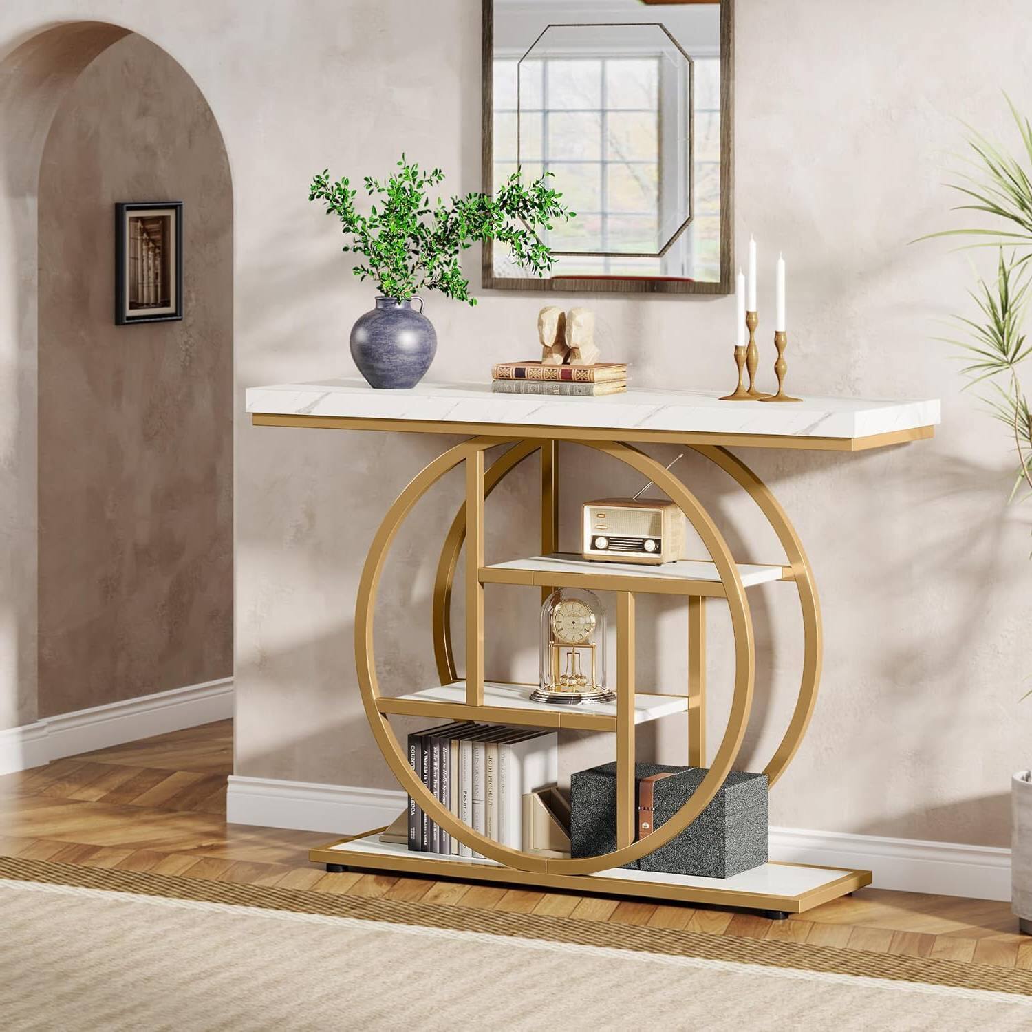 Angle. SlickBlue - Contemporary Foyer Table with Round Metal Frame and Marble-Style Shelves - Gold, White.