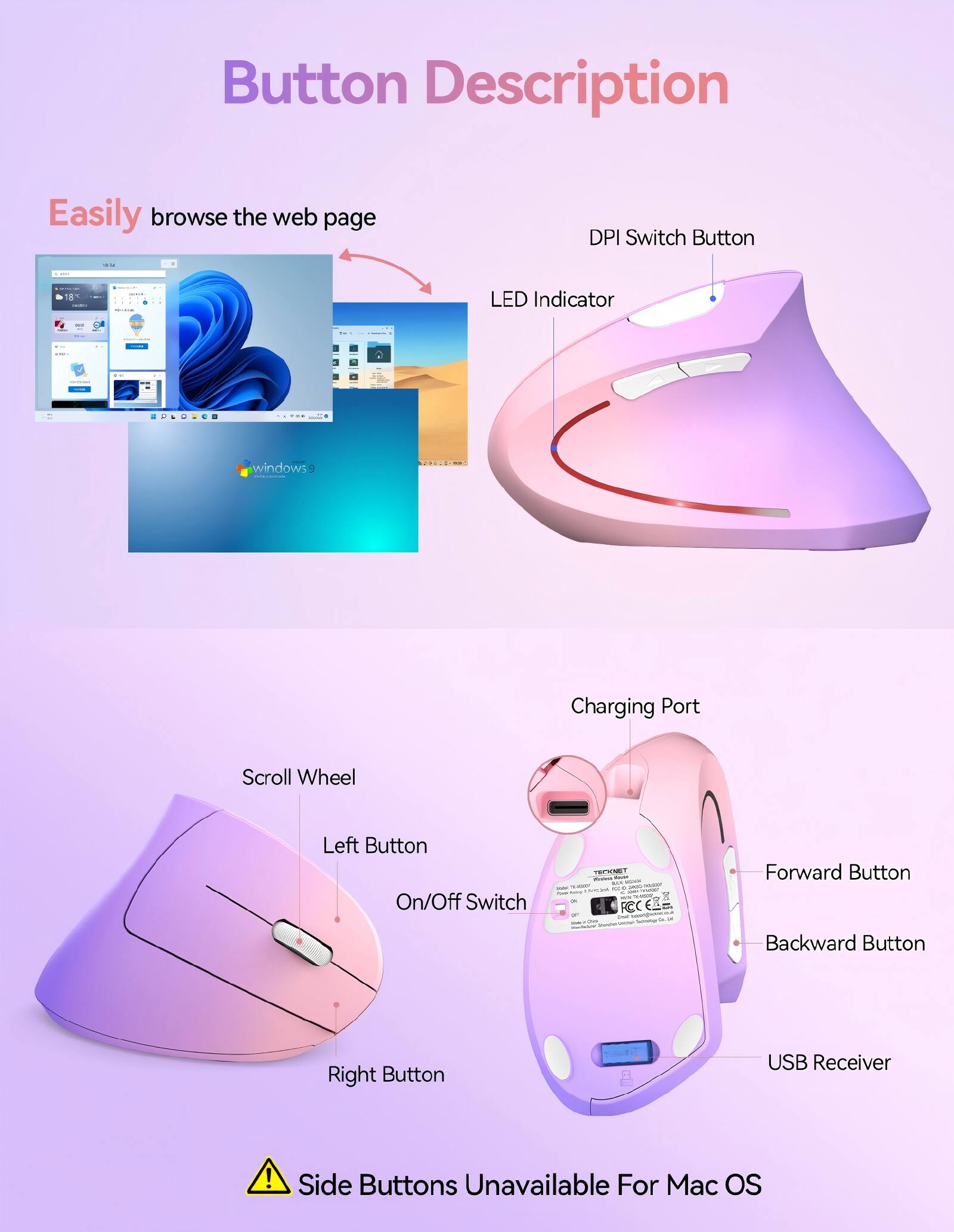 Button Description

Easily browse the web page

DPI Switch Button
LED Indicator
Charging Port
Scroll Wheel
Left Button
On/Off Switch
Right Button
Forward Button
Backward Button
USB Receiver

Side Buttons Unavailable For Mac OS