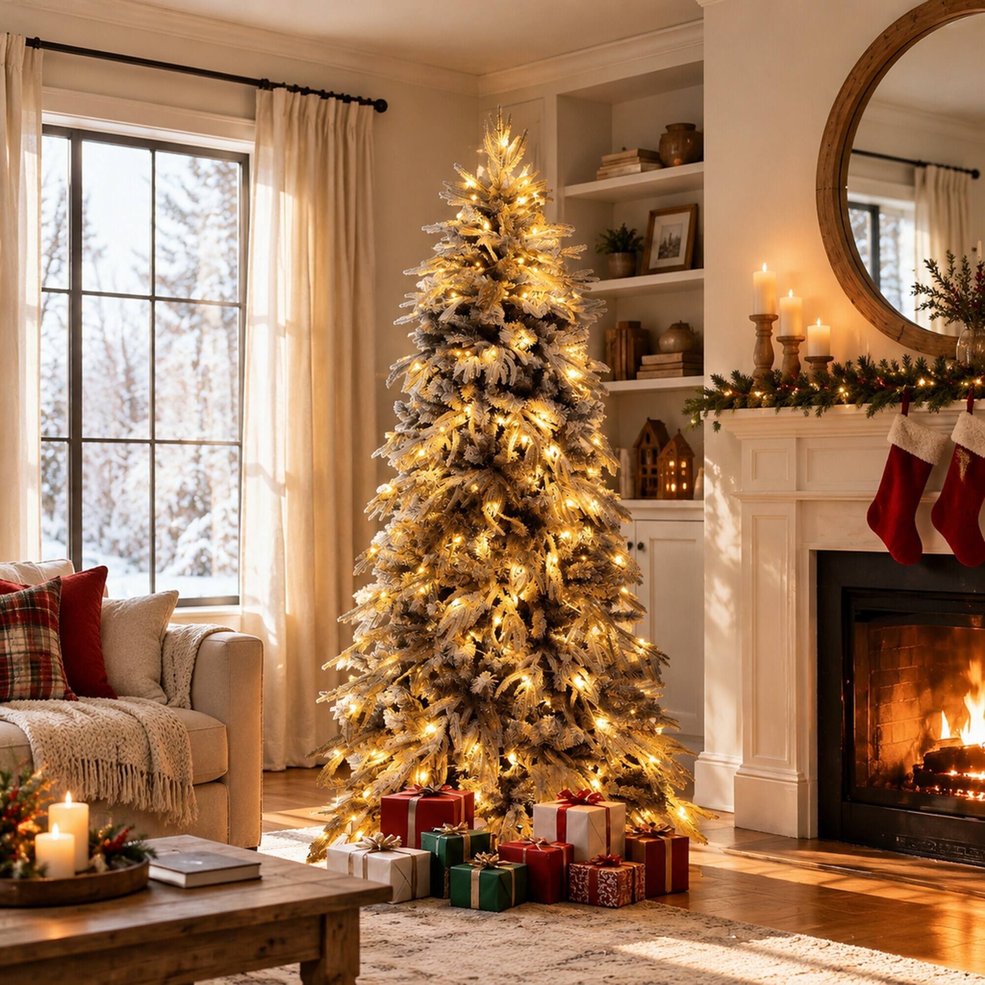 Angle. RYHNUYNE - 8FT Pre-Lit Slim Flocked Christmas Tree With 350 Warm White LED Lights and 950 Tips, Metal Stand for Narrow Spaces - White.