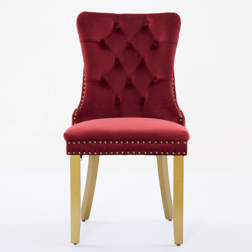 Angle. Loheer - Loheer Wine Red Velvet Dining Chairs Set of 2 Tufted Solid Wood Golden Legs - Wine Red.