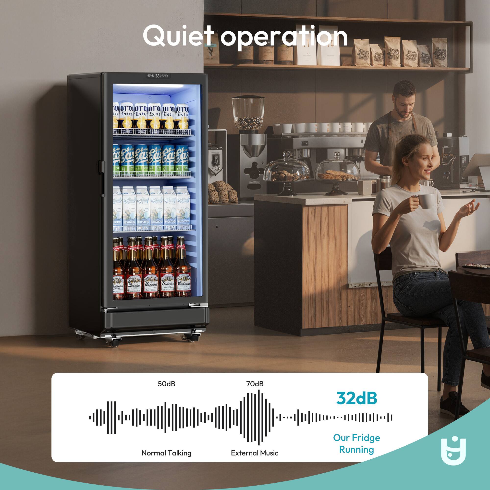 Quiet operation

50dB - Normal Talking  
70dB - External Music  
32dB - Our Fridge Running