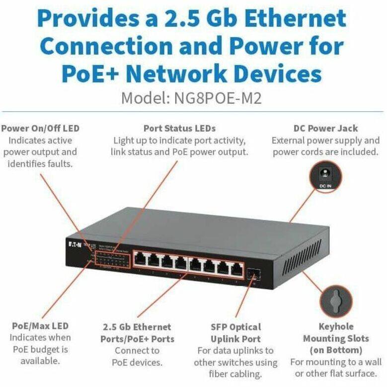 Provides a 2.5 Gb Ethernet Connection and Power for PoE+ Network Devices  
Model: NG8POE-M2  

- Power On/Off LED: Indicates active power output and identifies faults.  
- Port Status LEDs: Light up to indicate port activity, link status, and PoE power output.  
- DC Power Jack: External power supply and power cords are included.  
- DC IN F.T-N PoE/Max LED: Indicates when PoE budget is available.  
- 2.5 Gb Ethernet Ports/PoE+ Ports: Connect to PoE devices.  
- SFP Optical Uplink Port: For data uplinks to other switches using fiber cabling.  
- Keyhole Mounting Slots (on Bottom): For mounting to a wall or other flat surface.