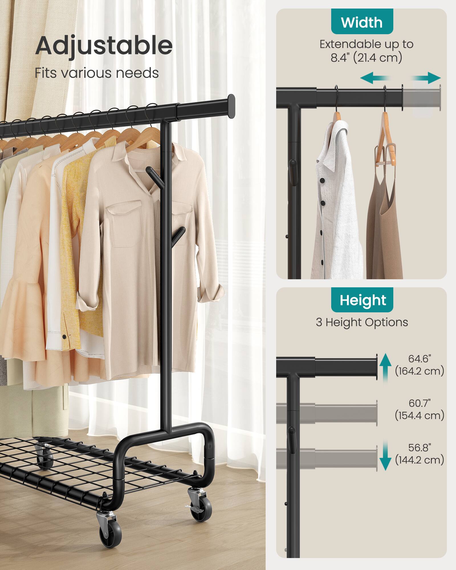 Adjustable  
Fits various needs  

Width  
Extendable up to 8.4" (21.4 cm)  

Height  
3 Height Options  
64.6" (164.2 cm)  
60.7" (154.4 cm)  
56.8" (144.2 cm)
