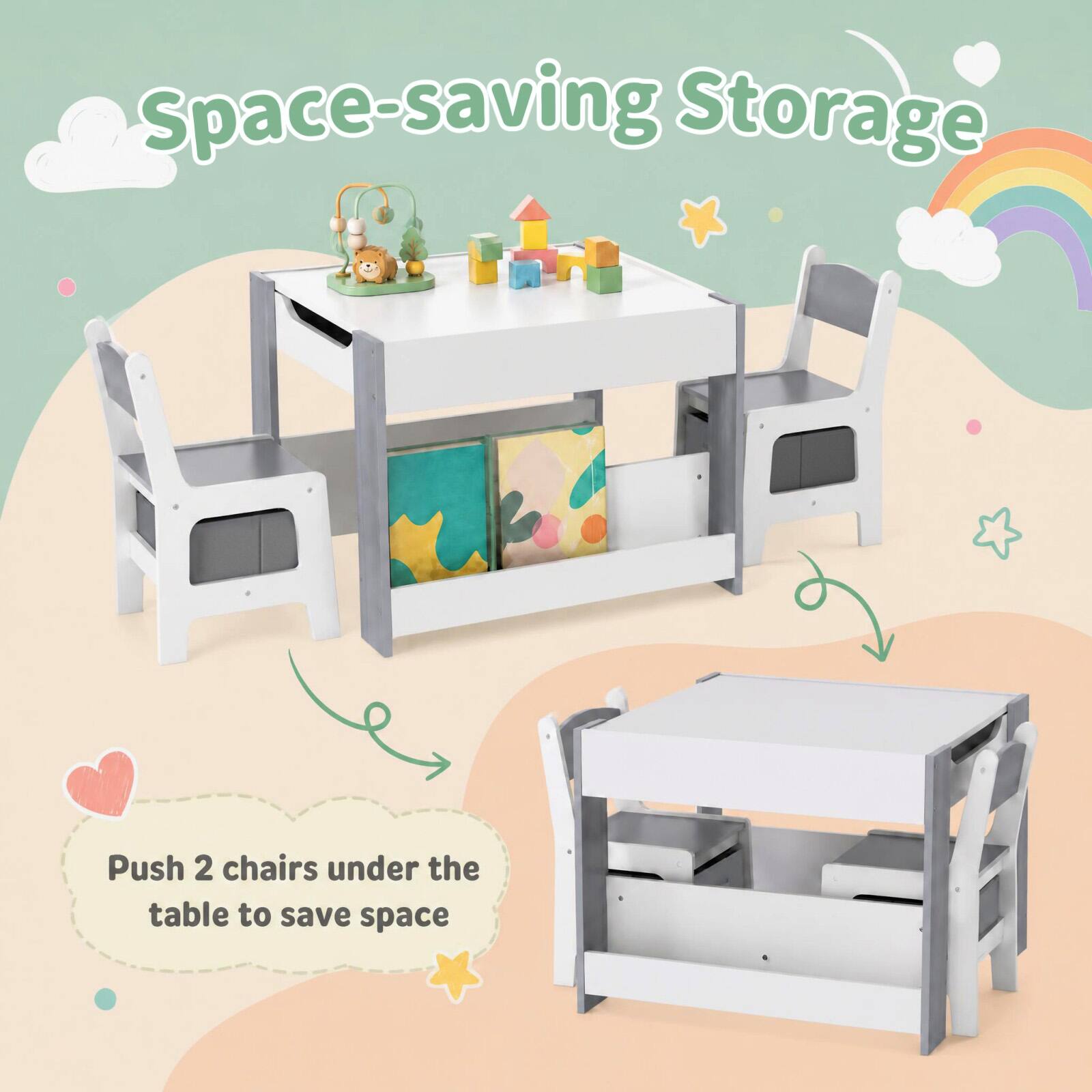 Space-saving Storage

Push 2 chairs under the table to save space