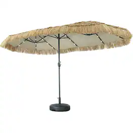Ainfox - 13FT Tiki Patio Umbrella Outdoor Market Umbrella with Crank for Garden Lawn Backyard Pool,with LED light & Base - Yellow